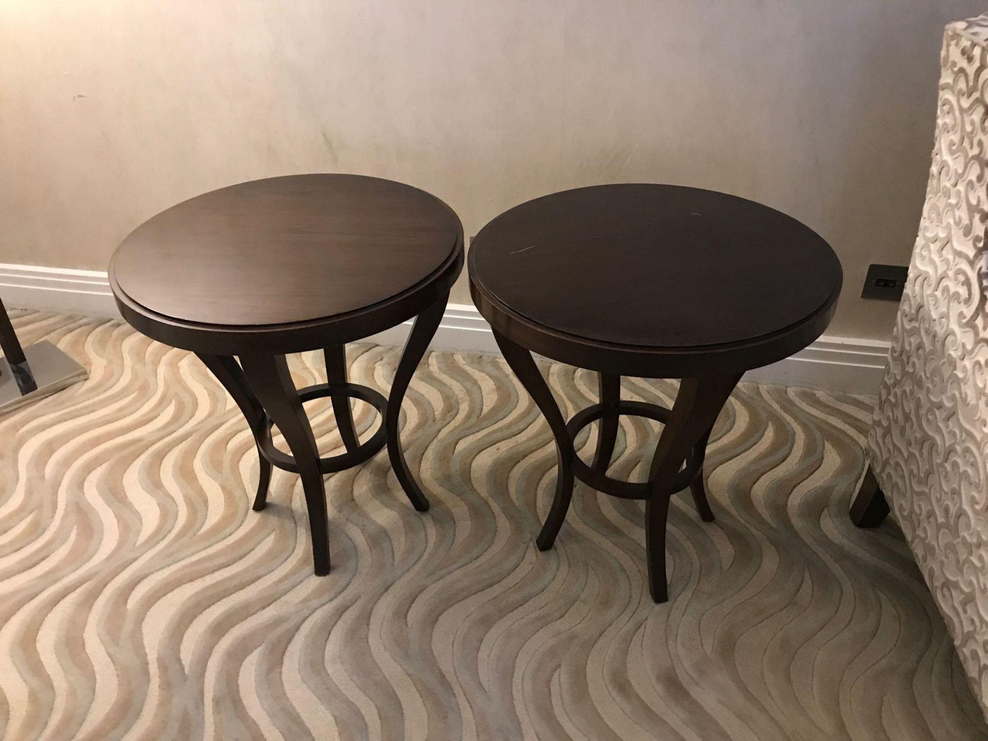 Pair Of Mahogany Side Tables With Tapering Legs And Circular Stretcher 55cm Diameter 60cm High