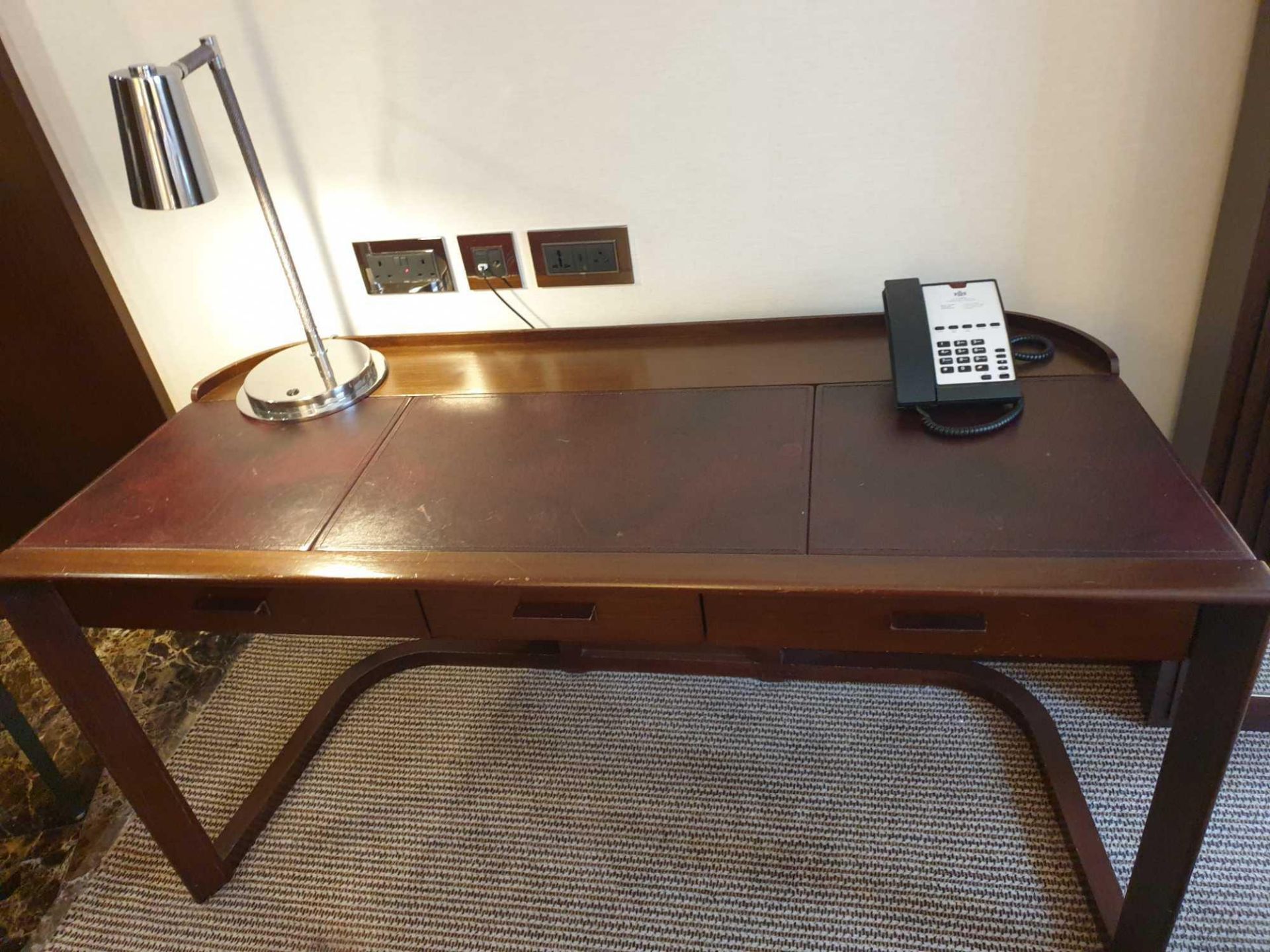 Walnut Veneer Desk By David Salmon Three Drawer With Inlay Leather Top 150 X 60 X 74cm ( Loc 403) - Image 2 of 2