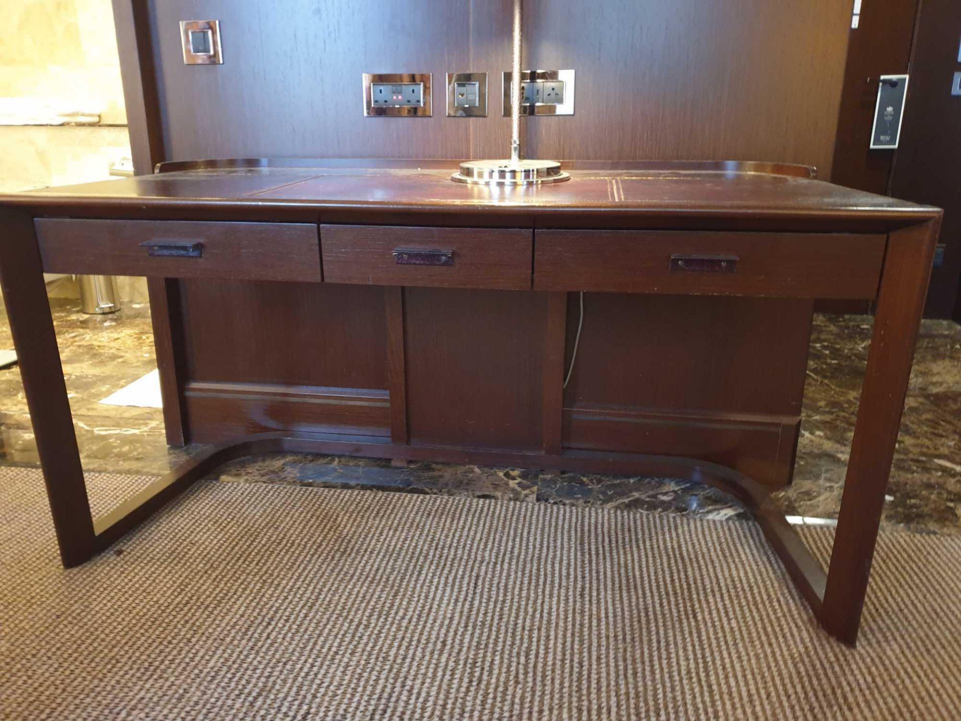 Walnut Veneer Desk By David Salmon Three Drawer With Inlay Leather Top 130 X 60 X 74cm (Loc 401)