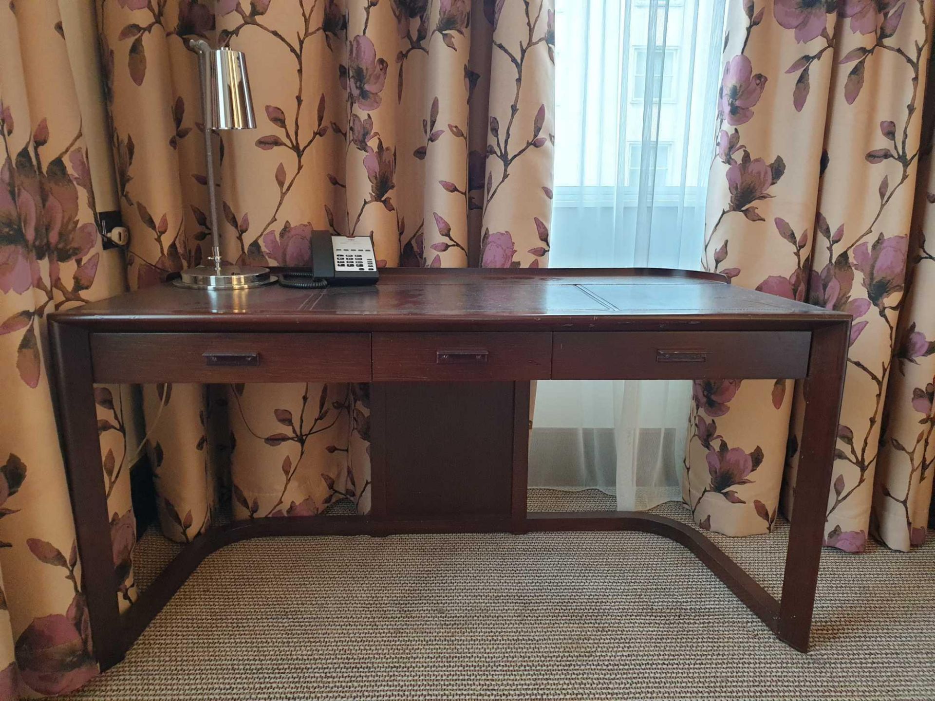 Walnut Veneer Desk By David Salmon Three Drawer With Inlay Leather Top 150 X 60 X 74cm (Loc 404)