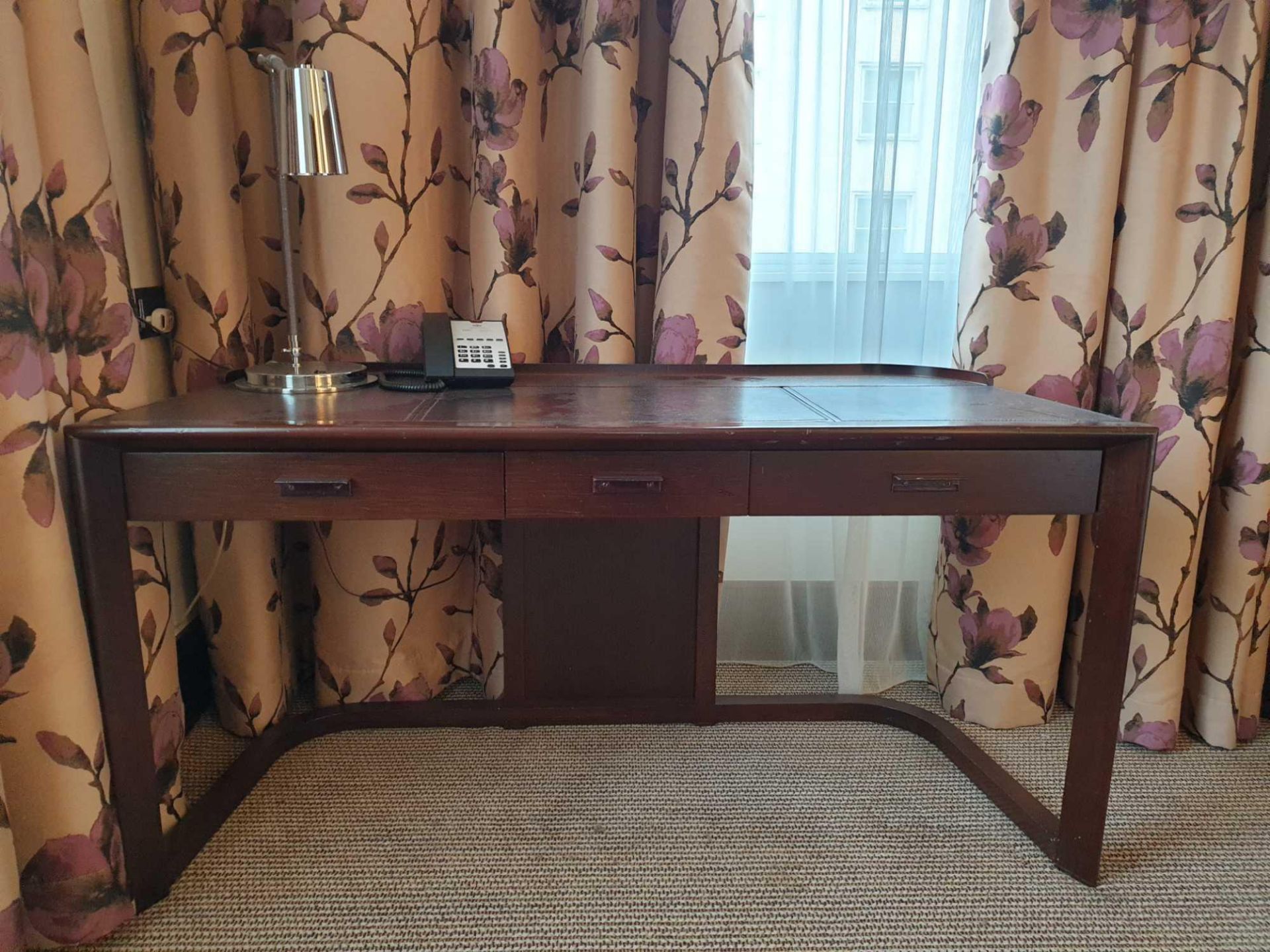 Walnut Veneer Desk By David Salmon Three Drawer With Inlay Leather Top 150 X 60 X 74cm (Loc 417)