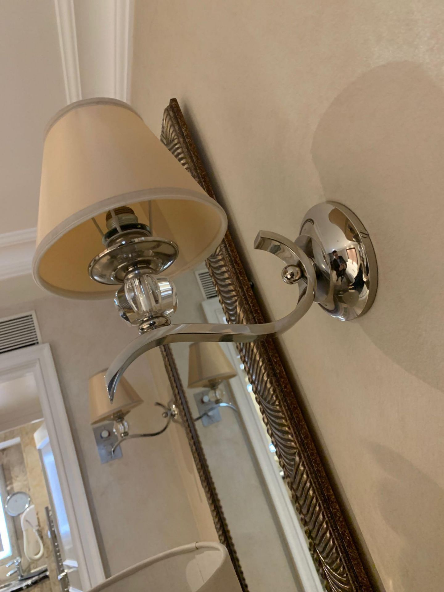 A pair of chrome and acrylic wall sconces with beige linen shade 30 cm bye 30 cm (Loc123 suite ) - Image 3 of 3