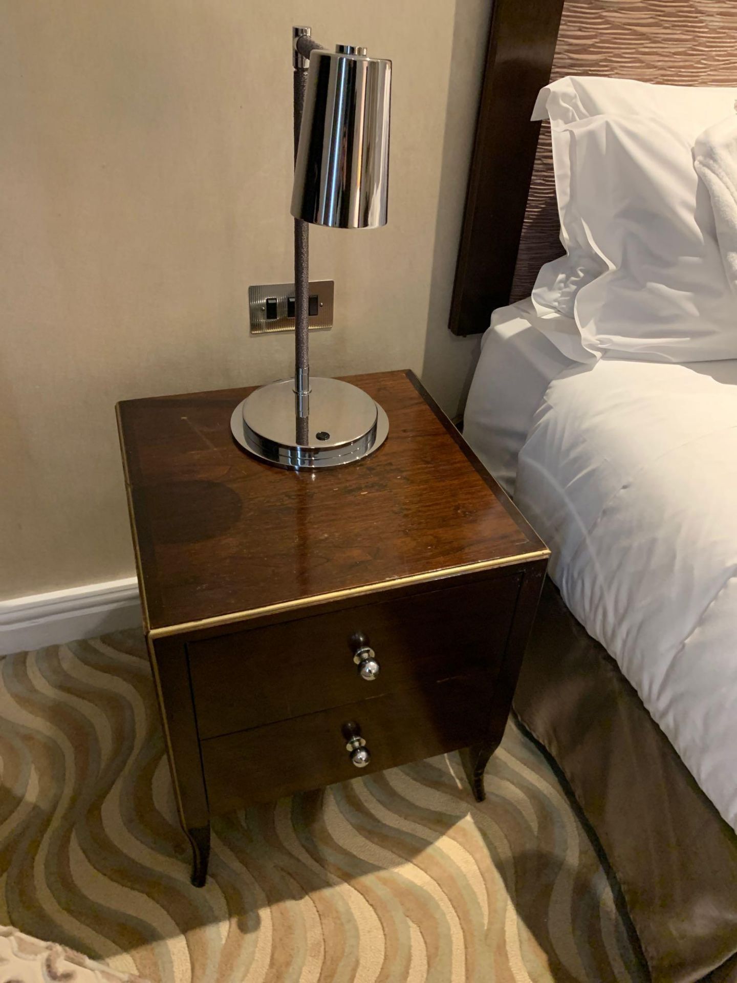 A pair of dark wood gold trimmed painted bedside cabinets with chrome knobs 50 cm x 50 cm x 55 cm (