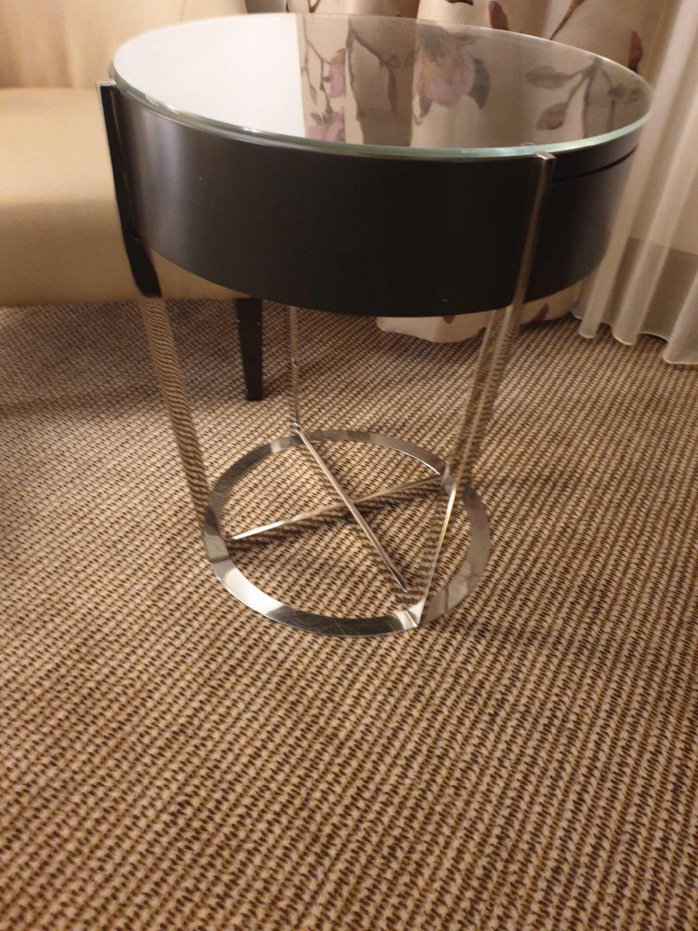 A Pair Of Contemporary Black Ash Side Table Glass Top With Single Drawer Stainless Steel Legs 50 X - Image 4 of 4