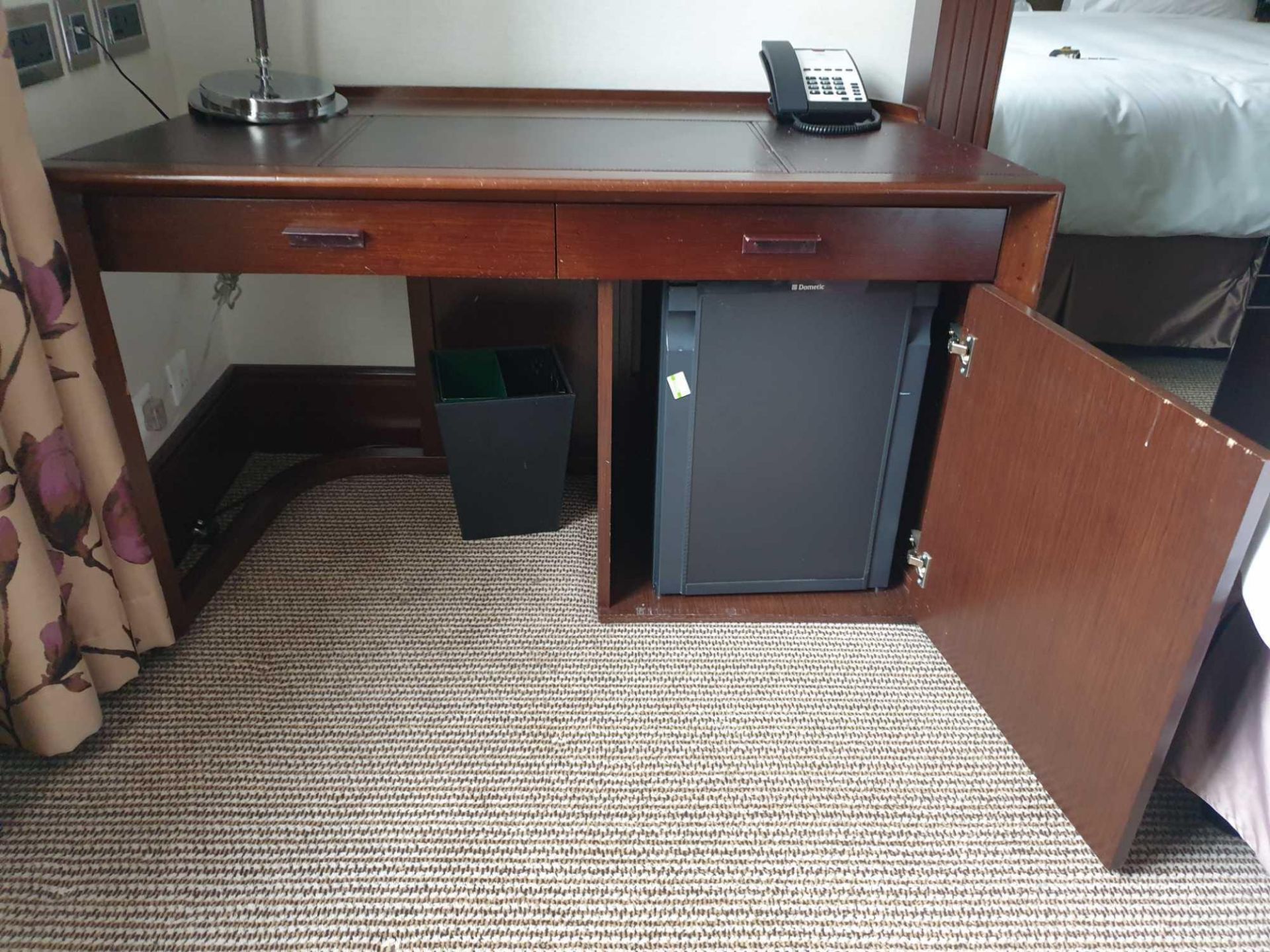 Walnut Veneer Desk By David Salmon Two Drawer And Cupboard Fitted With Dometic Minibar Hipro 4000 - Image 3 of 3