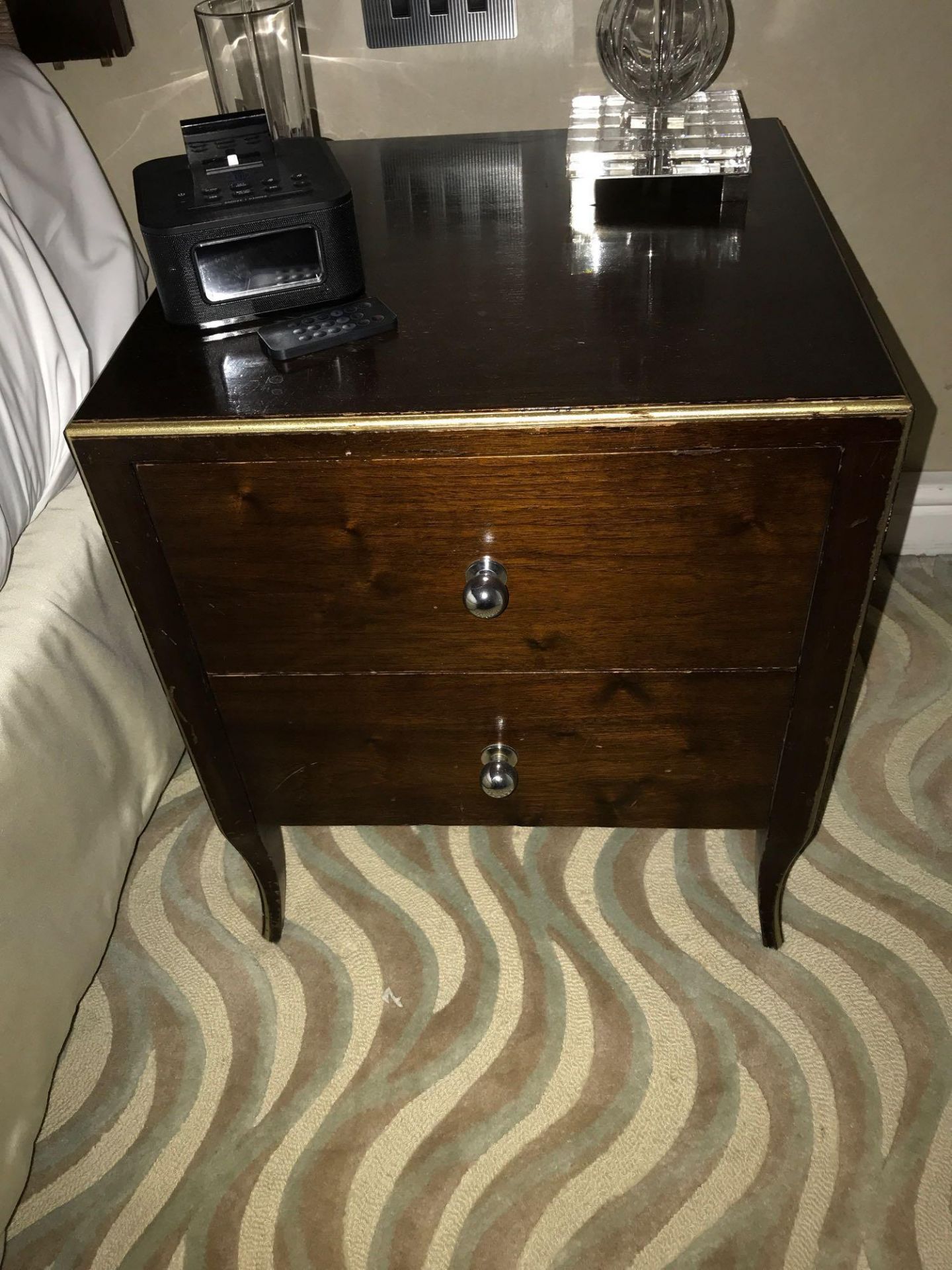 A Pair Of Two Drawer Bedside Cabinets Nickel Handles Gold Painted Trim 50cm X 50cm ( Loc 341)