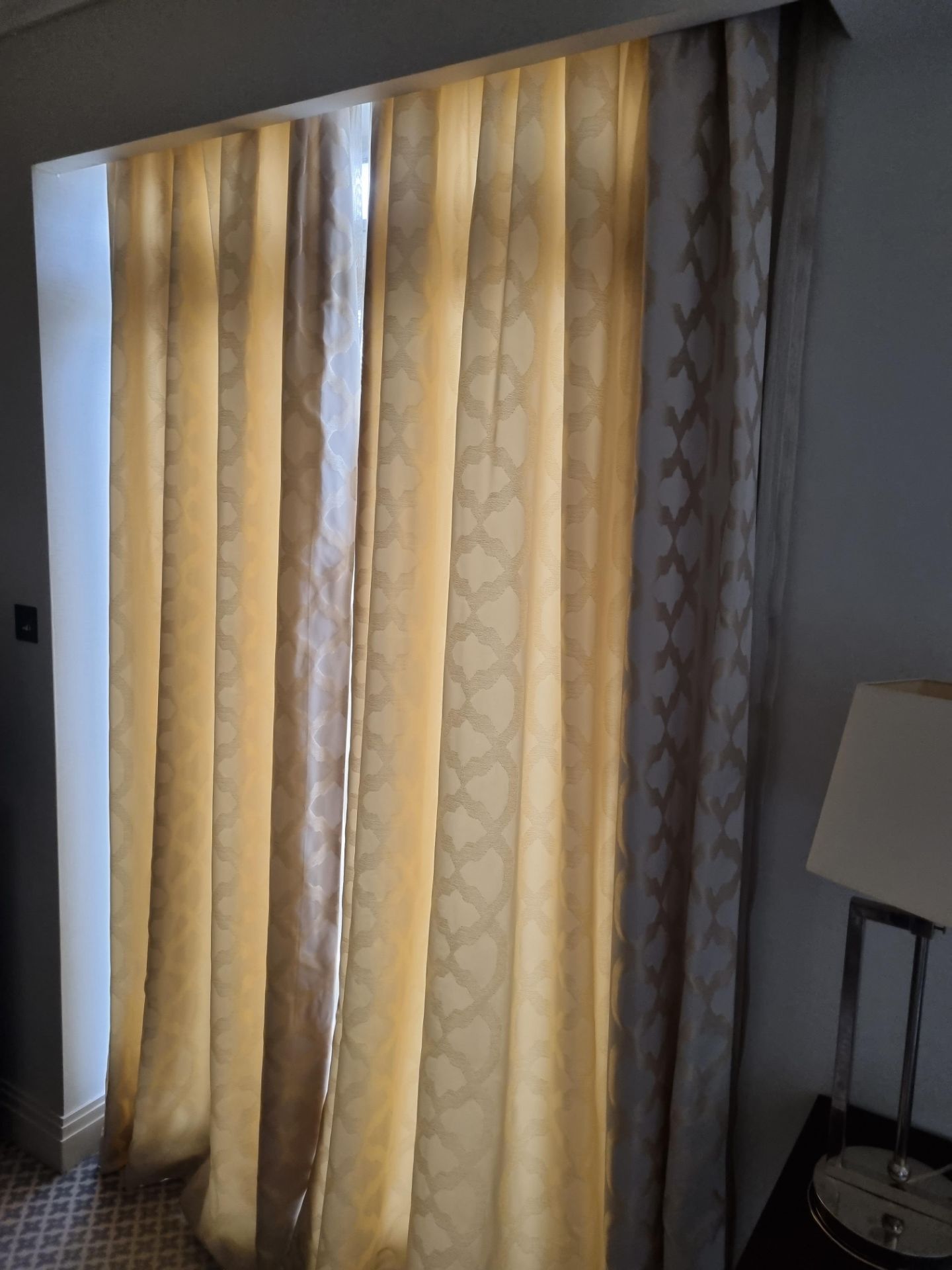 A pair Jim Thompson Fabrics neutral and gold pattern silk drapes each panel is 100 w x 270cm drop (