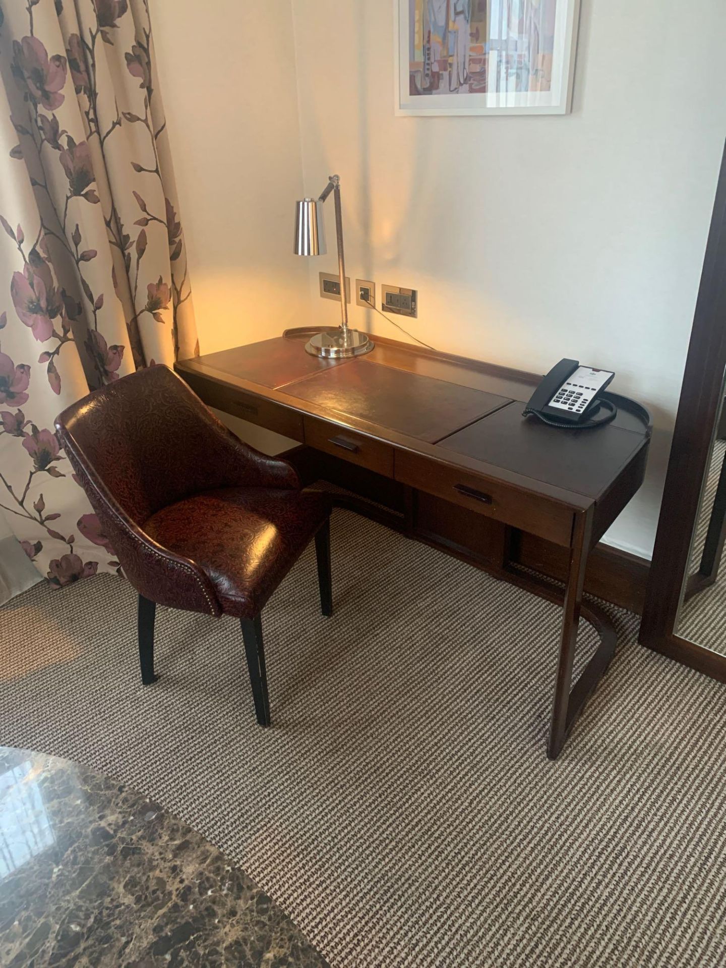 Walnut Veneer Desk and chair desk By David Salmon Three Drawer With Inlay Leather Top 150 X 60 X