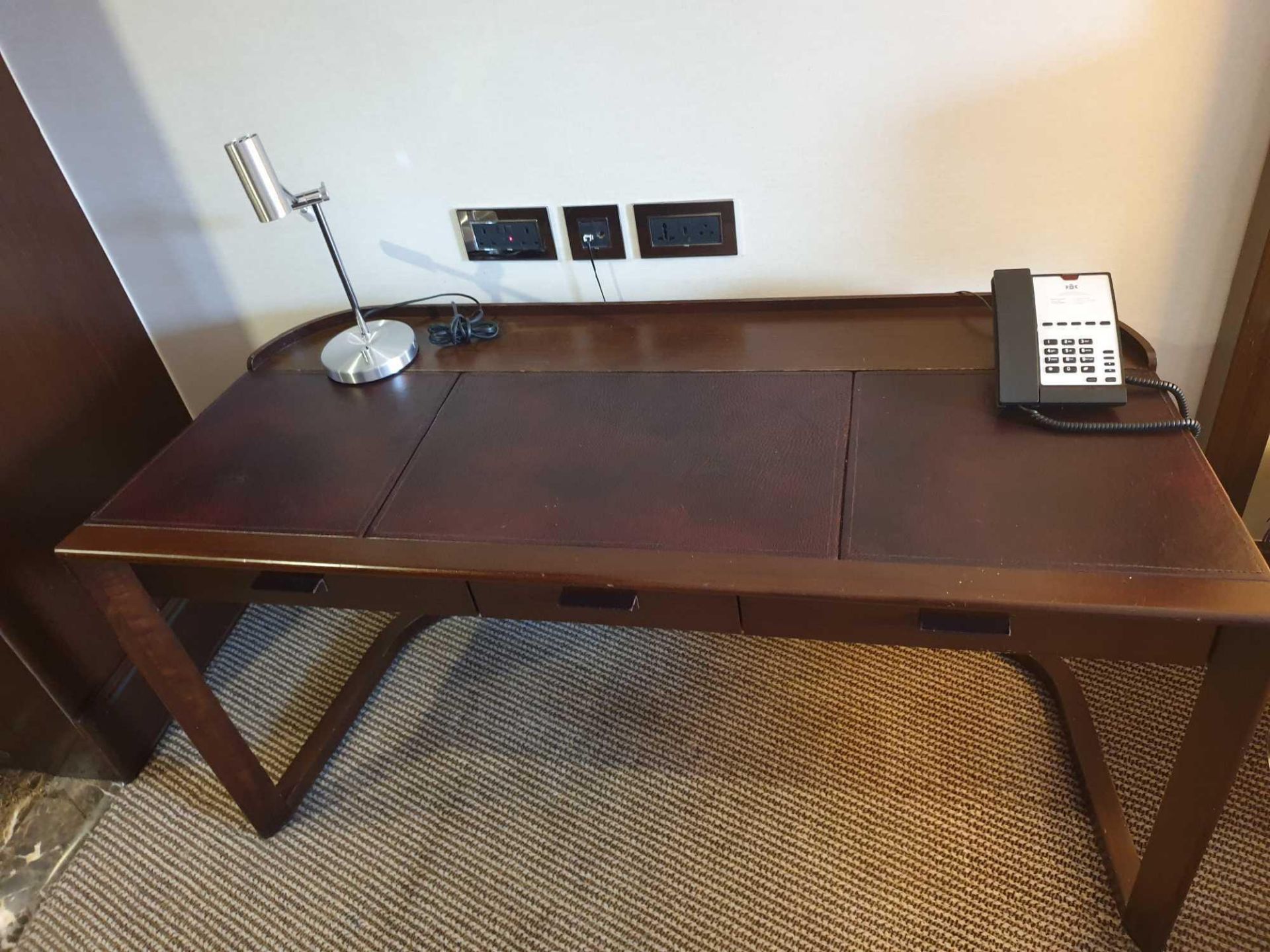 Walnut Veneer Desk By David Salmon Three Drawer With Inlay Leather Top 150 X 60 X 74cm (Loc 436)