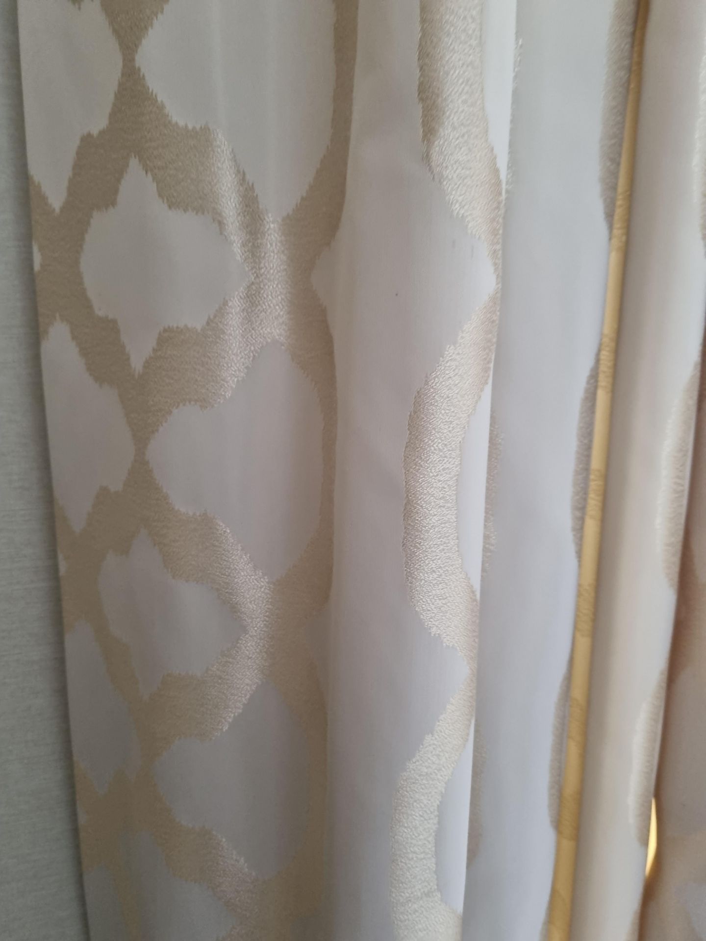A pair Jim Thompson Fabrics neutral and gold pattern silk drapes each panel is 100 w x 270cm drop ( - Image 2 of 2