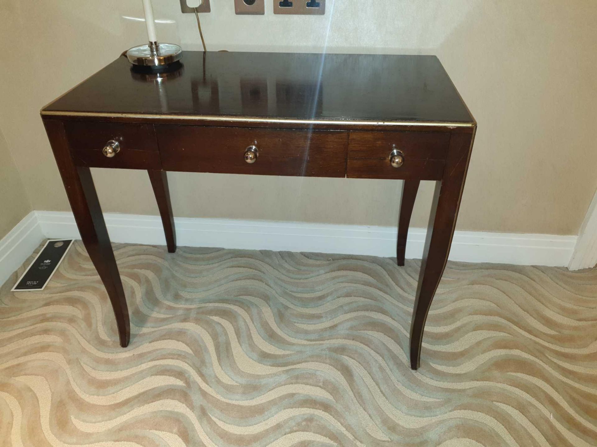 A Mahogany Ladies Dressing Desk With Three Drawers And Silver Knobs With Gold Painted In Lay Trim 90