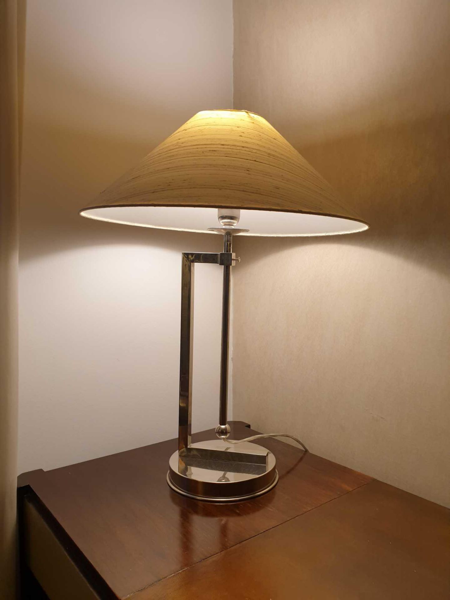A Pair Of Polished Nickel Table Lamps Circular Base And Double Stem Single Bulb With Cylindrical - Image 2 of 2