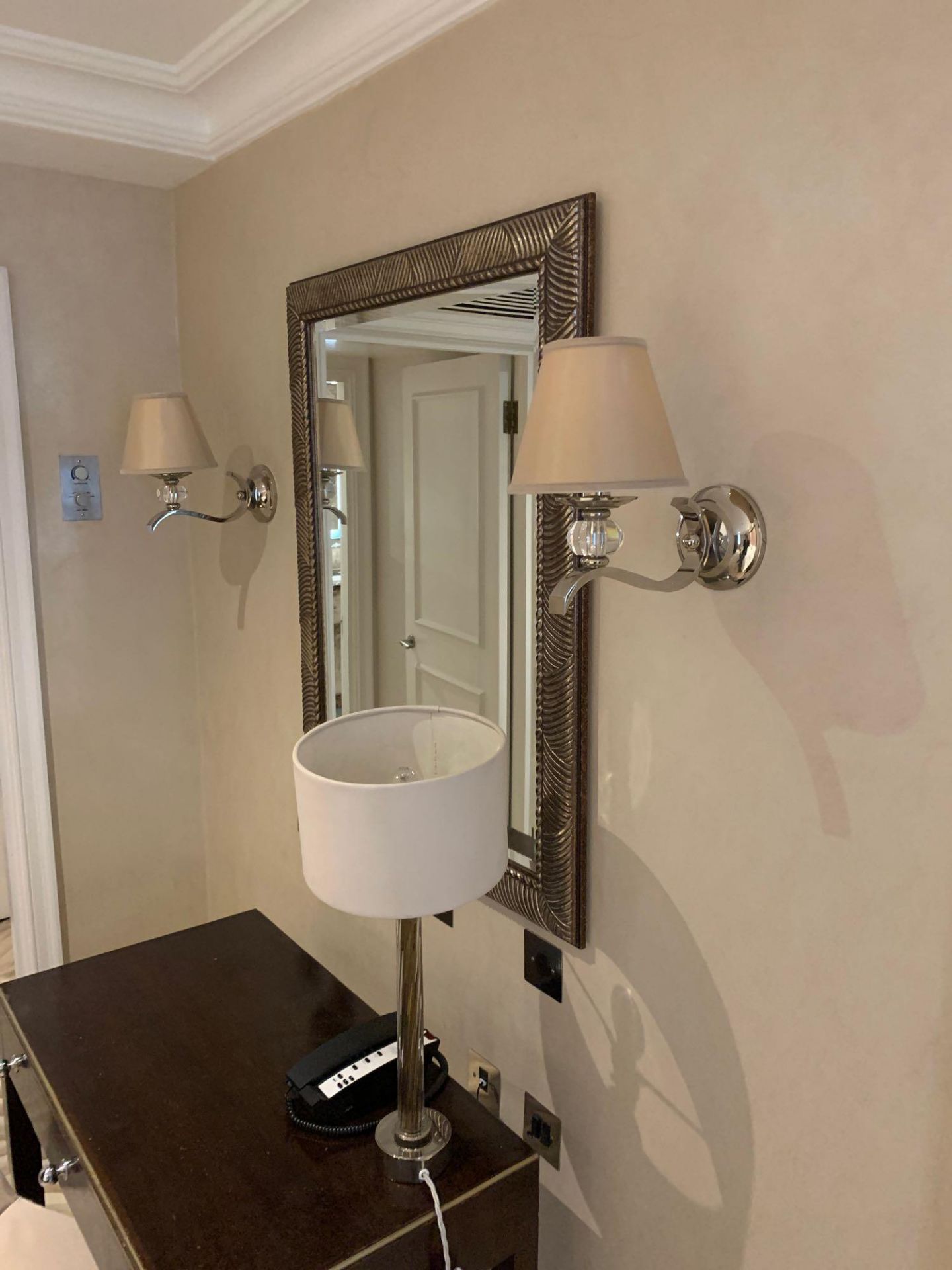 A pair of chrome and acrylic wall sconces with beige linen shade 30 cm bye 30 cm (Loc123 suite )