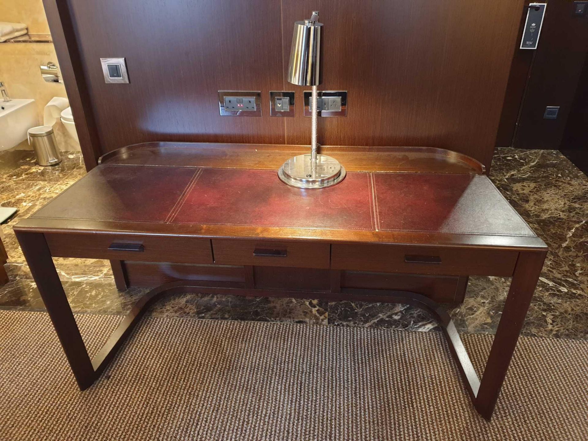 Walnut Veneer Desk By David Salmon Three Drawer With Inlay Leather Top 130 X 60 X 74cm (Loc 401) - Image 2 of 2