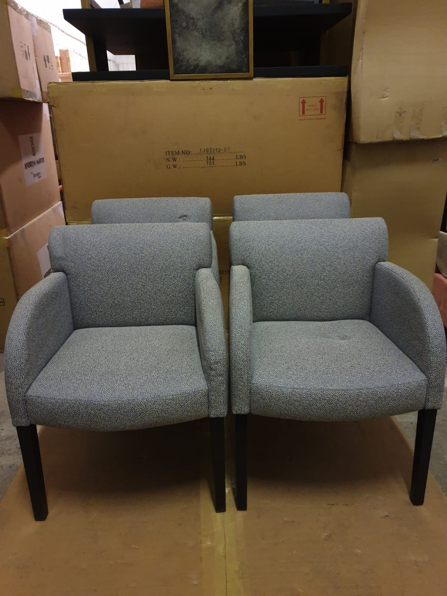 **Clearance ** 2 X Armchairs Upholstered In Maya Blue A Modern Design Square Form Armchair With