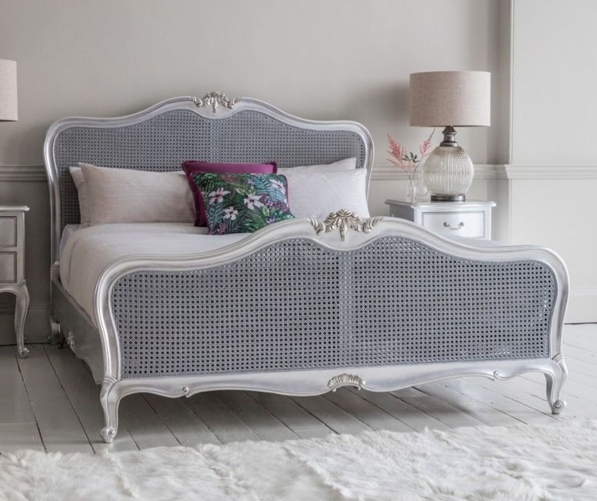 Hudson Cane 6' Superking Size Cane Bed Silver White Mindy Ash, Painted Silver Highlight Finish, Hand