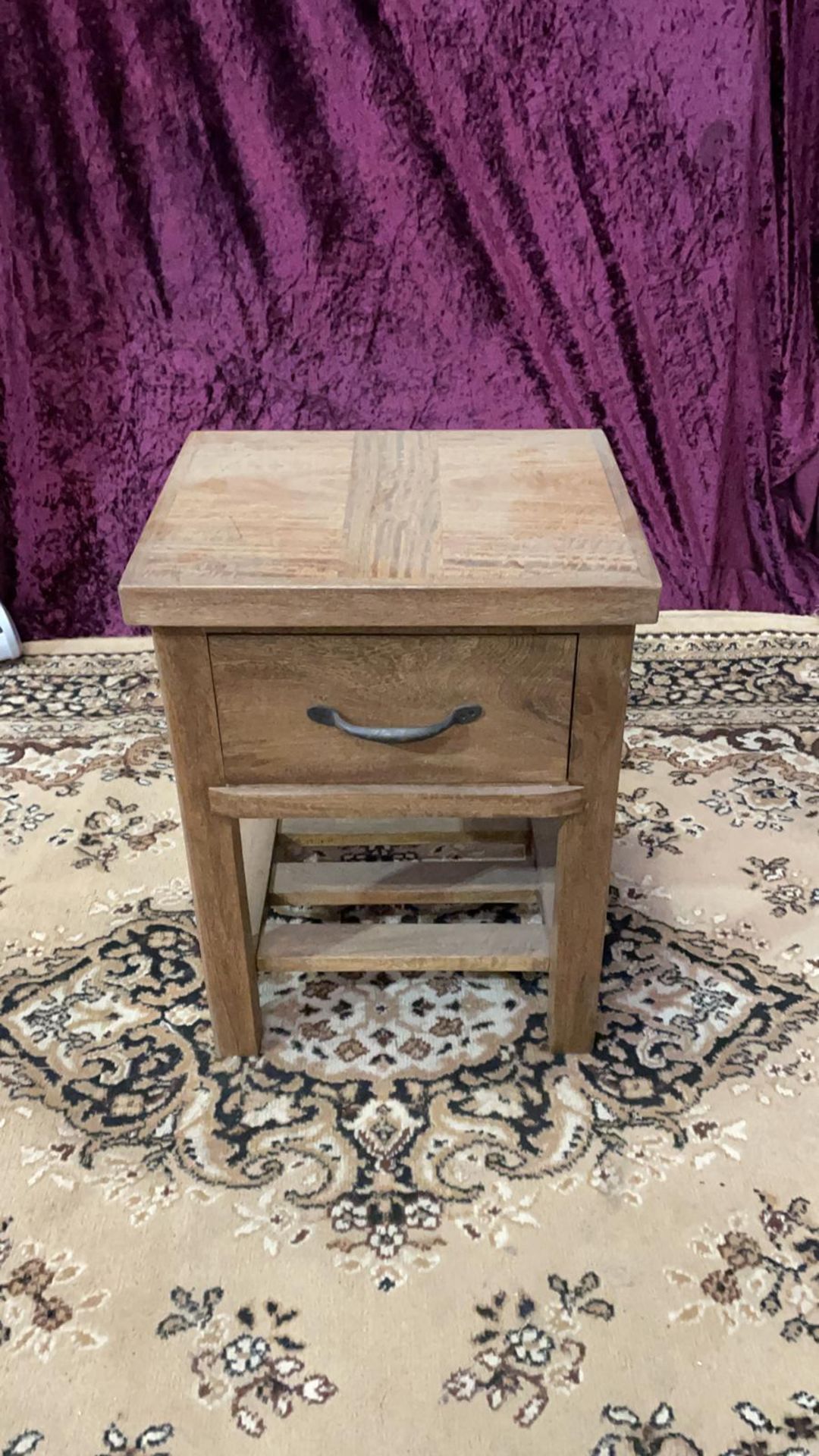 Oak rustic wood single drawer side table nightstand with slatted undershelf complete the