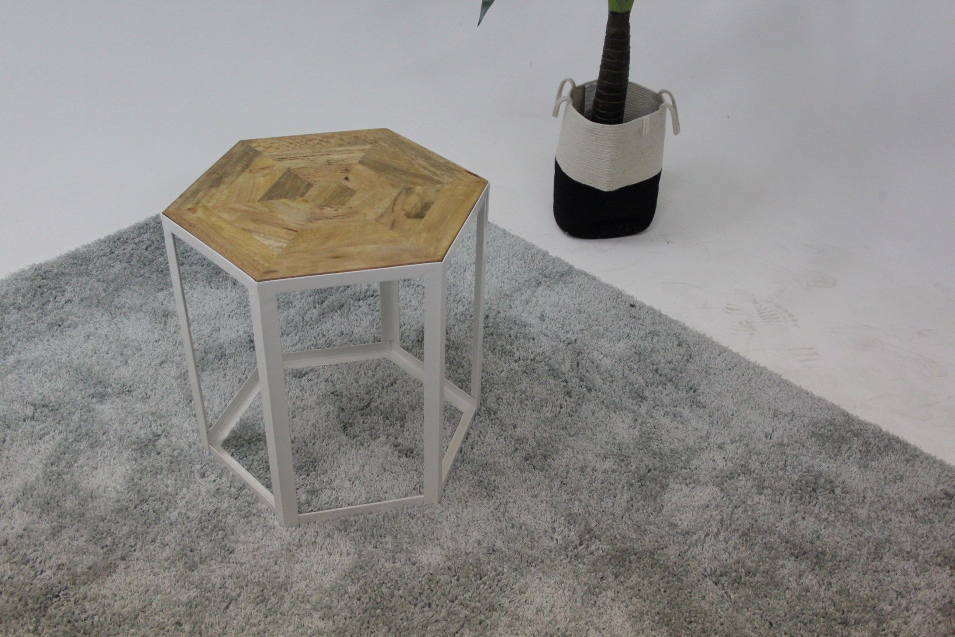 Octagon Bunching Table Antique Natural Wood Solid Metal An Octagon Shaped Side Table With An White