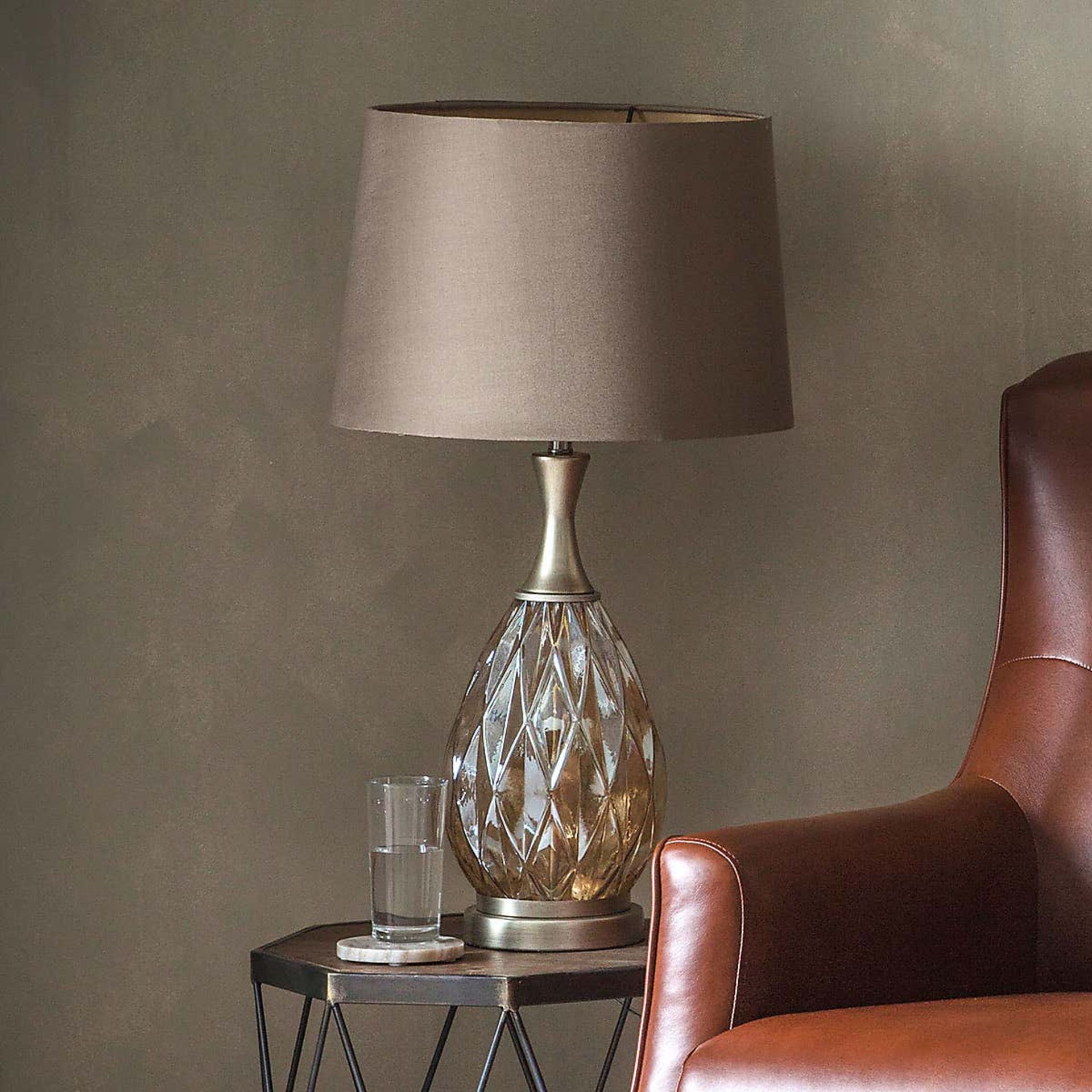 Clarence Table Lamp Classic Geometric Tinted Glass Table Lamp With Metal Detailing In A Champagne