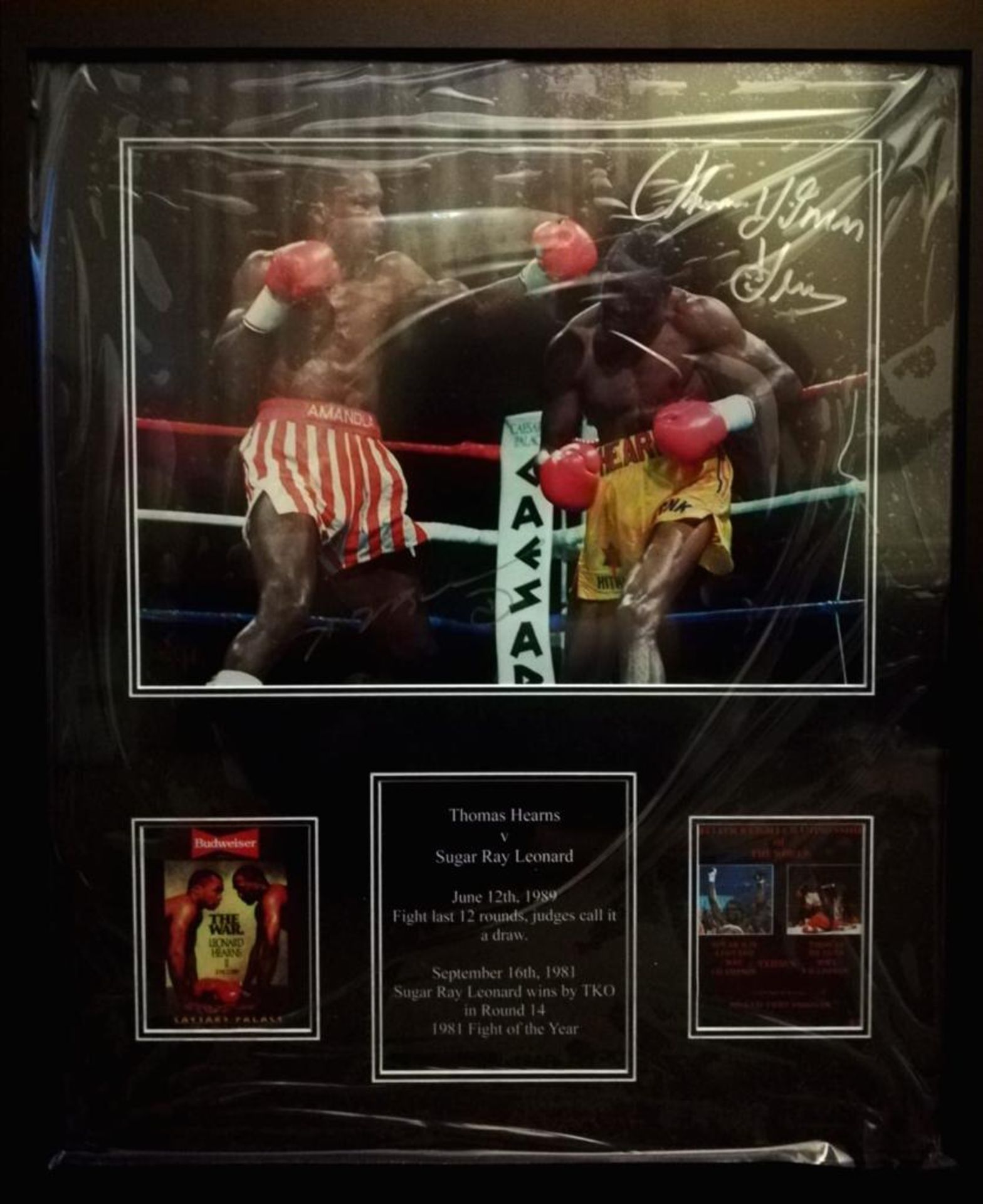 Thomas Hitman Hearns And Sugar Ray Leonard Dual Signed Framed Display Supplied with Certificate Of