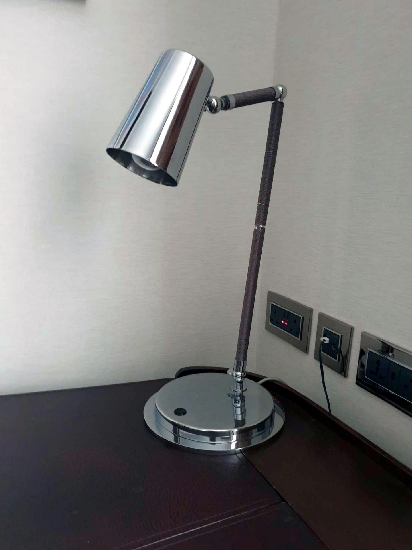 A pair of Stolna 400/1 Brushed Nickel Table Lamp With Cone Shade And Embossed Rope Detail To Arm A