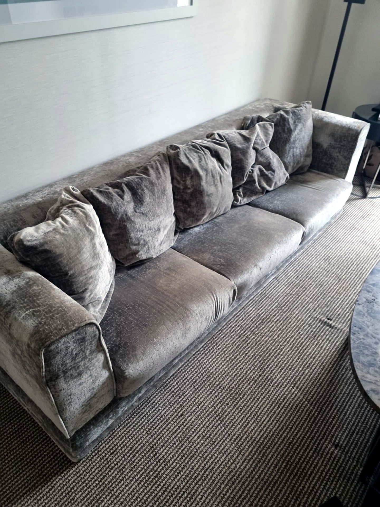 A Velvet Three Seater Sofa Contemporary Design 195 x 85 x 69cm With Loose Cushion Pads And Scatter