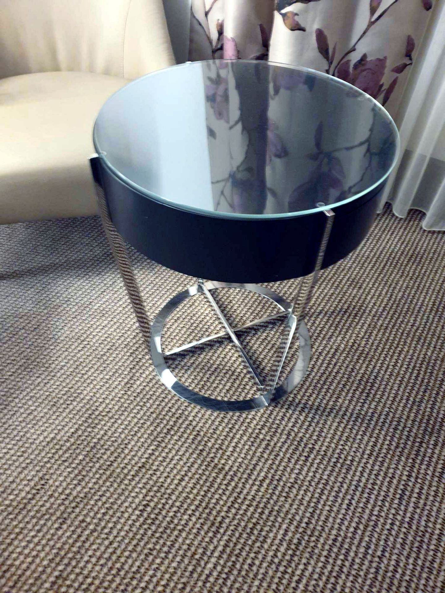 A pair of Contemporary Black Ash Side Tables Glass Top With Single Drawer polished Stainless Steel - Bild 2 aus 6