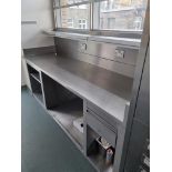 Commercial stainless steel L shape countering top with 3 x integral sink stations and storage (