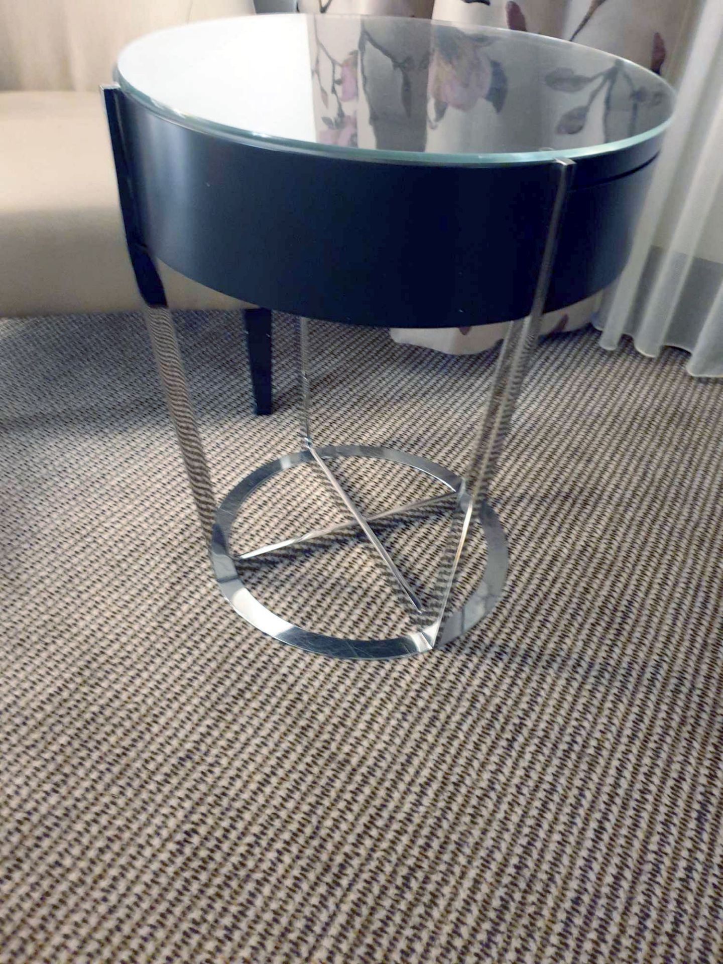 A pair of Contemporary Black Ash Side Tables Glass Top With Single Drawer polished Stainless Steel - Image 3 of 6