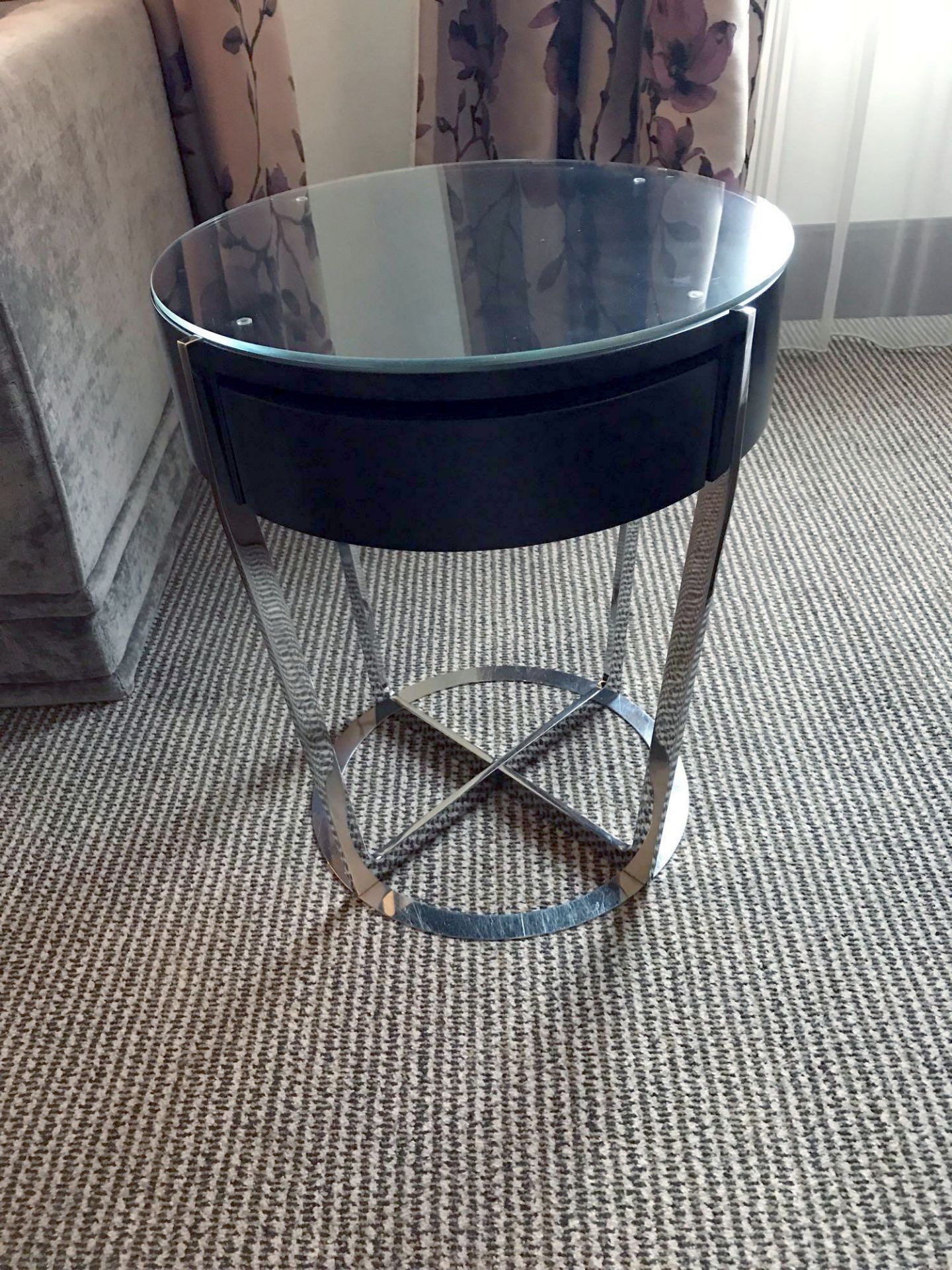 A pair of Contemporary Black Ash Side Tables Glass Top With Single Drawer polished Stainless Steel - Image 4 of 6