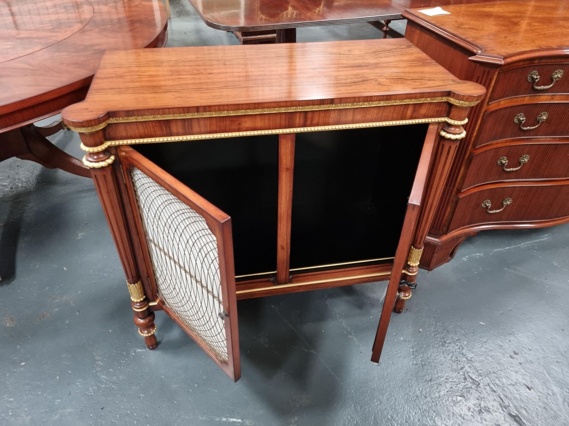 Arthur Brett Regency-style rosewood commode with gothic brass wire griolole doors and gilt - Image 6 of 6