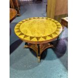 Arthur Brett Regency-style circular occasional table in burr maple and coromandel veneers with