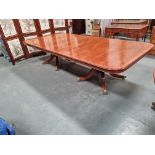 Arthur Brett Mahogany 2 Leaf Dining Table on 2 Pedestals each with 8 legs and brass casters Height