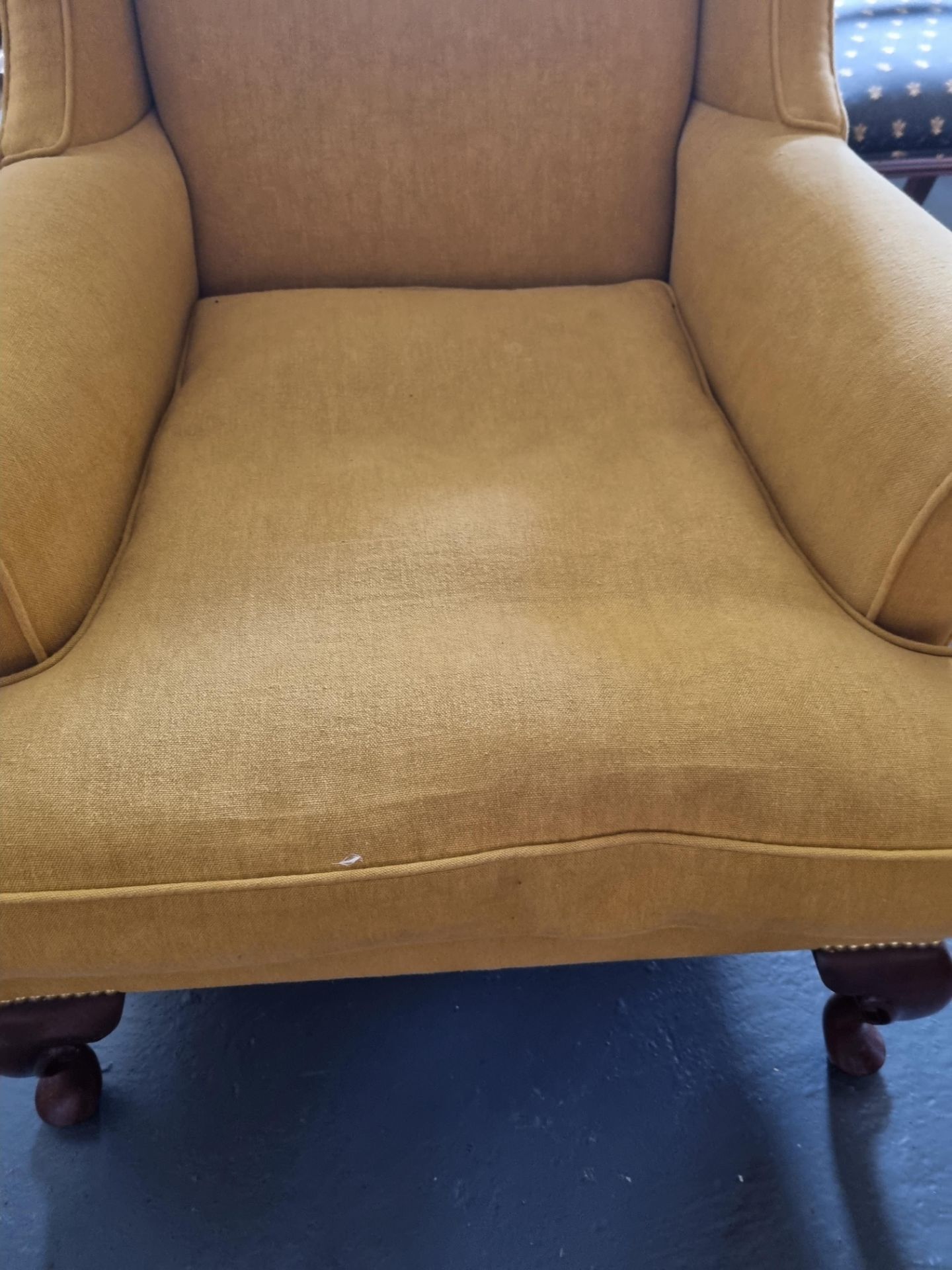 Arthur Brett Mahogany Wing Chair Bespoke Yellow Upholstery Hand-Carved Mahogany Wing Chair Of - Image 3 of 5