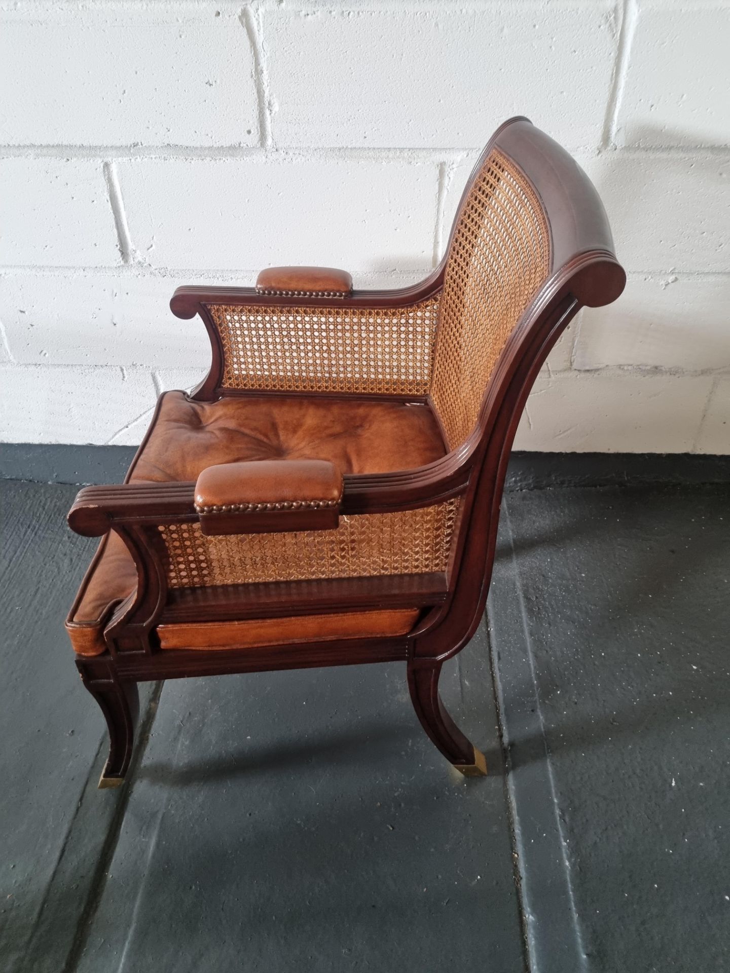 Arthur Brett Mahogany Straight Back Arm Chair With Brown padded Leather Arm Rests, Seat And Back - Image 2 of 4