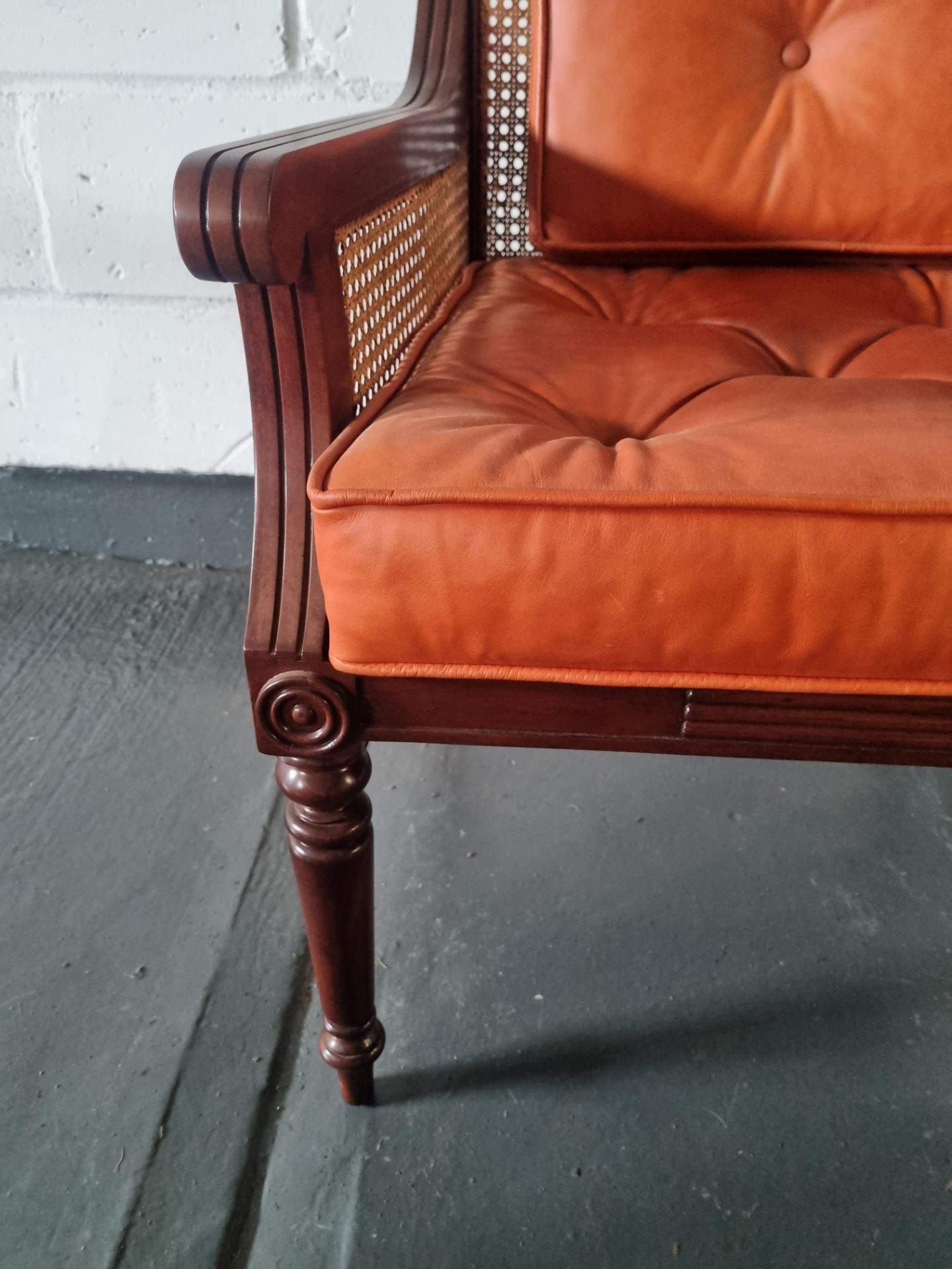 Arthur Brett Mahogany Straight Back Arm Chair with Burnt Orange Leather Seat Cushion & Back Height - Image 3 of 4