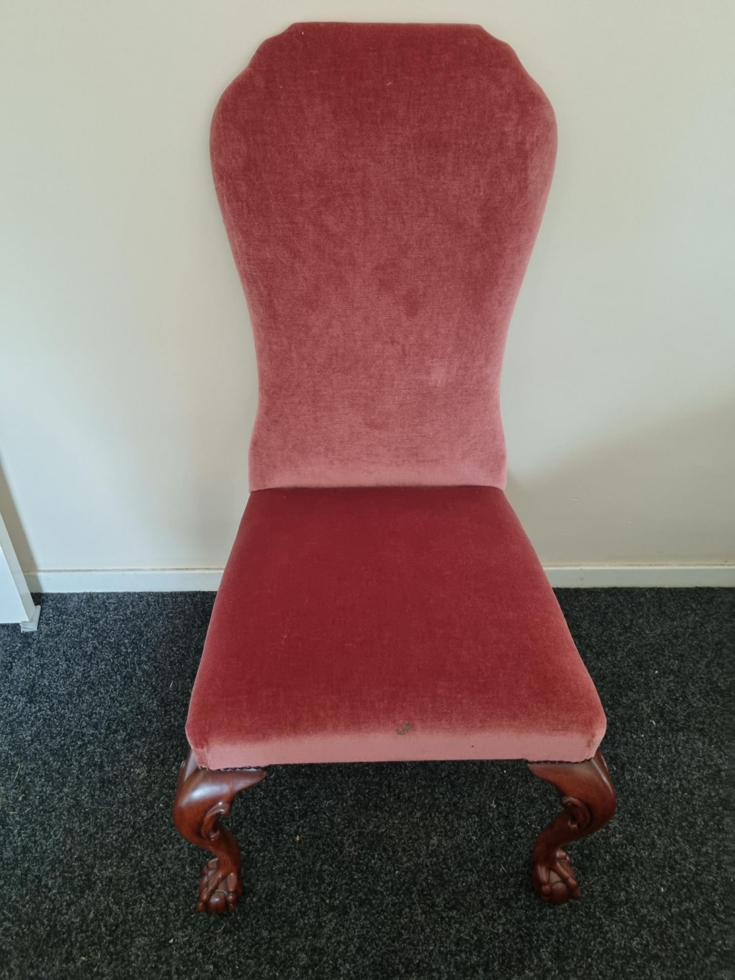 Arthur Brett High Back Chairs in pink Velour with studded detail on mahogany claw and ball legs - Image 4 of 5