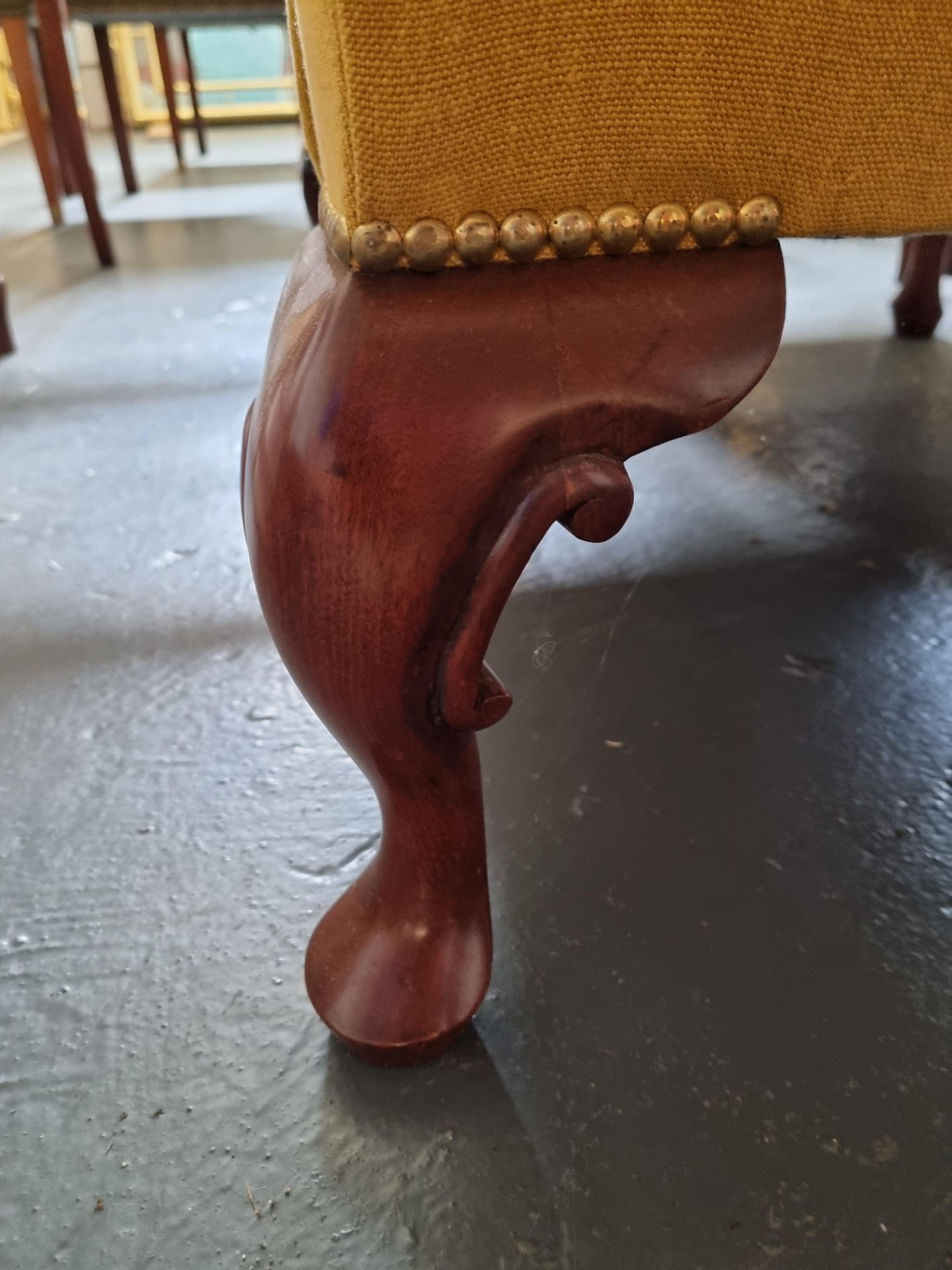 Arthur Brett Mahogany Wing Chair Bespoke Yellow Upholstery Hand-Carved Mahogany Wing Chair Of - Image 4 of 5