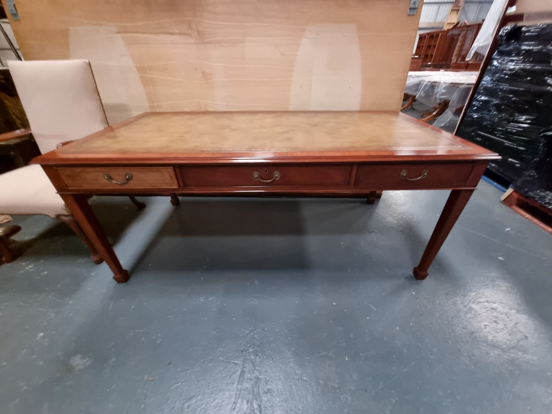 Arthur Brett Sheraton style Solid Ash And Burr Ash writing table with green leather inlay and 3