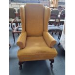 Arthur Brett Mahogany Wing Chair Bespoke Yellow Upholstery Hand-Carved Mahogany Wing Chair Of