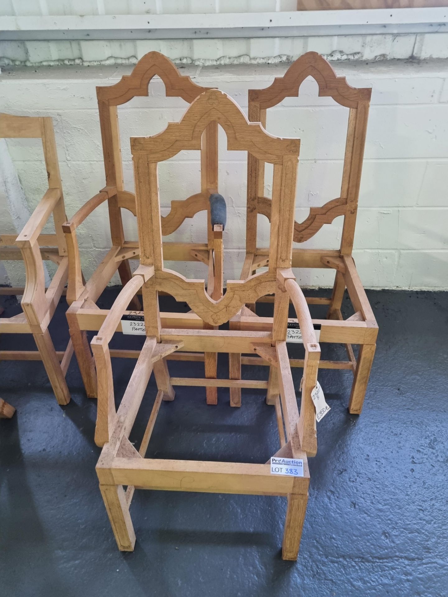 3x Arthur Brett Gothic style chair frames Height 118cm Width 58cm Depth 69cm