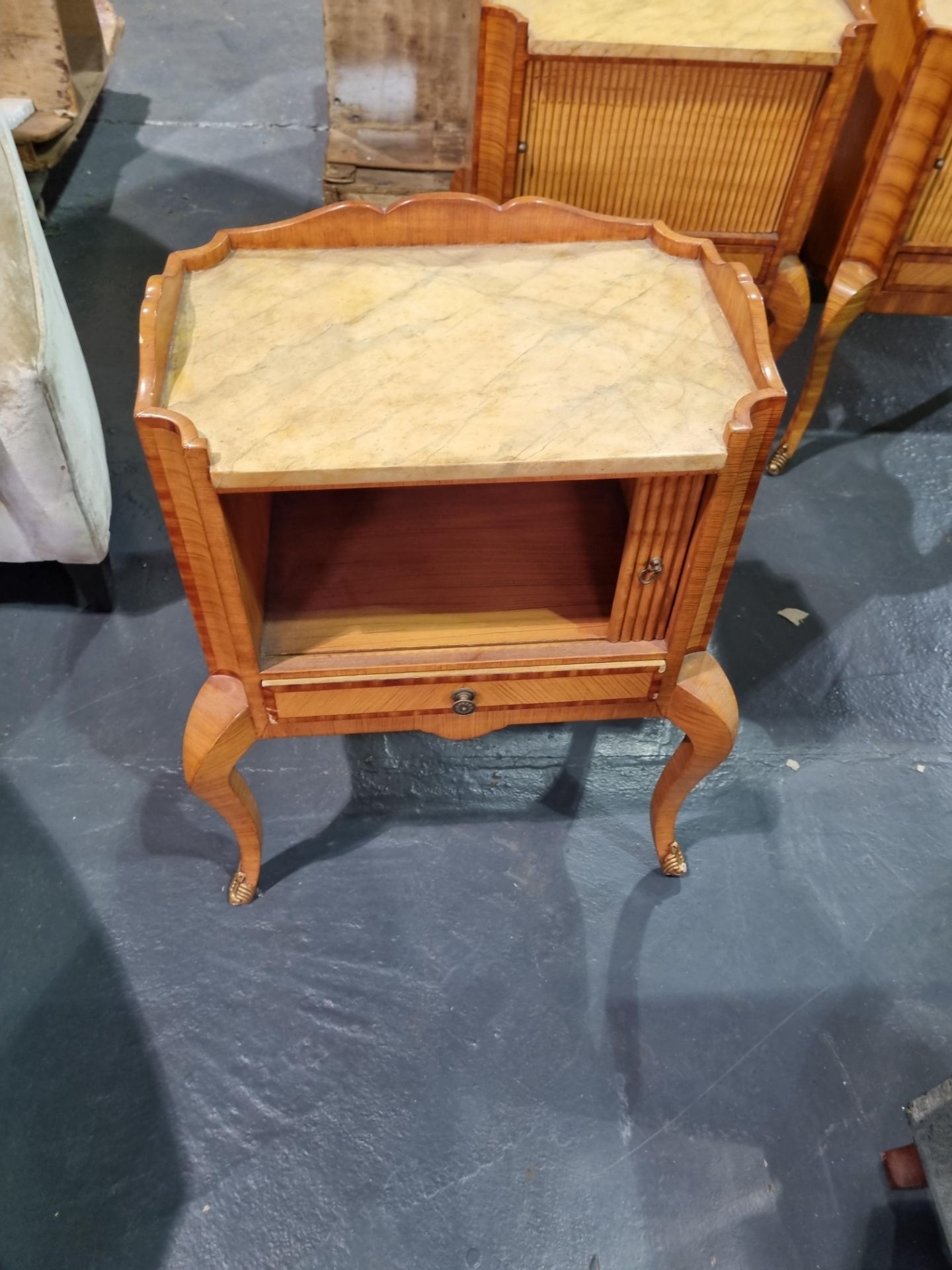 bedside table with sliding door and draw on bowed legs with brass feet Broken leg/foot Height 65cm - Bild 3 aus 4