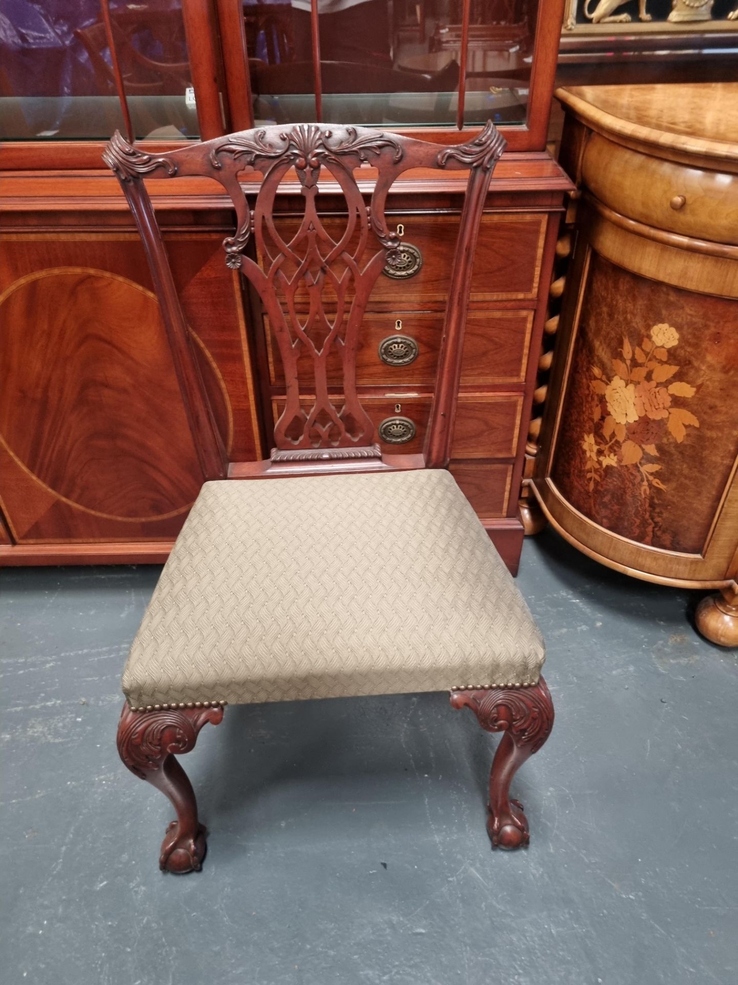 Arthur Brett Mid-Georgian-Style mahogany Dining Side Chair with brown upholstery with cabriole