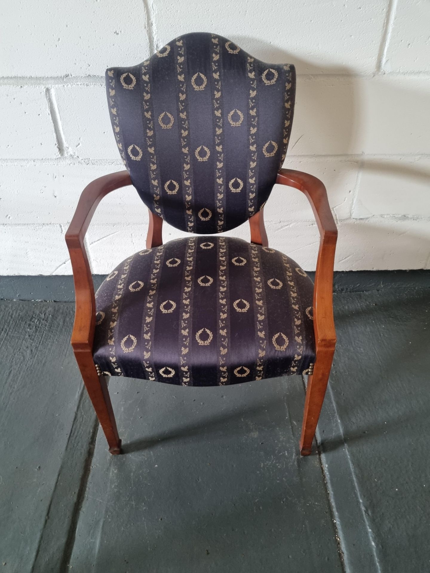 Arthur Brett Upholstered Shield Back Arm Chair Blue Patterned Bespoke Upholstery The Shield Back