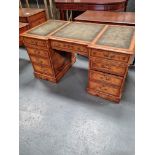 Arthur Brett Walnut Pedestal Desk with three sections of light green leather inlay on two