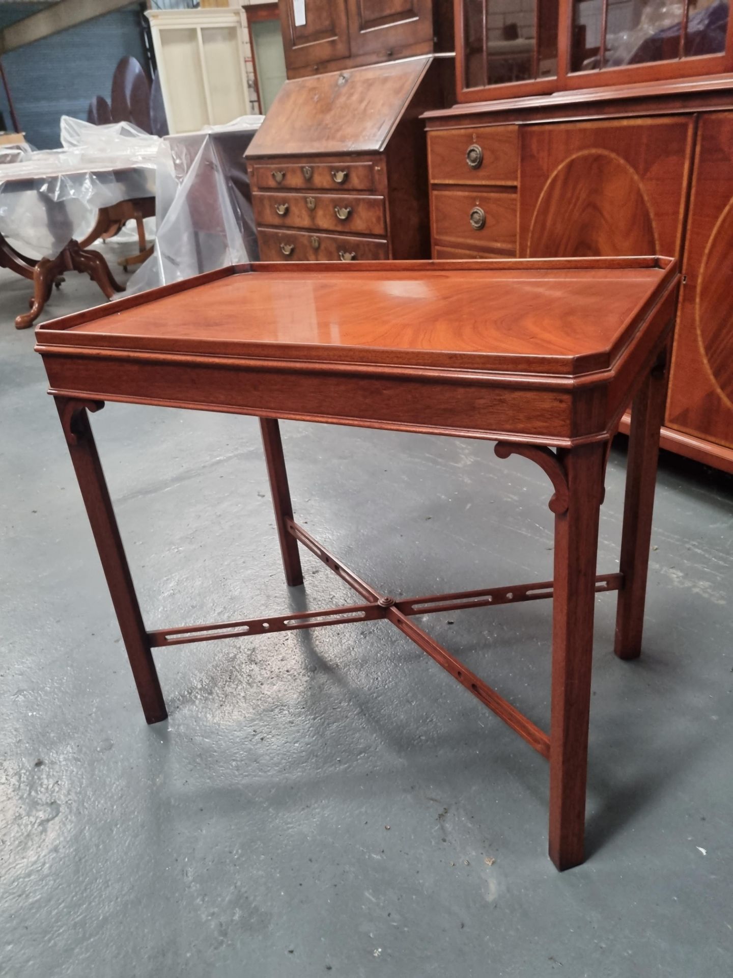 Arthur Brett Mahogany End Table In X Antique Finish Chippendale-Style With Low Gallery And Pierced