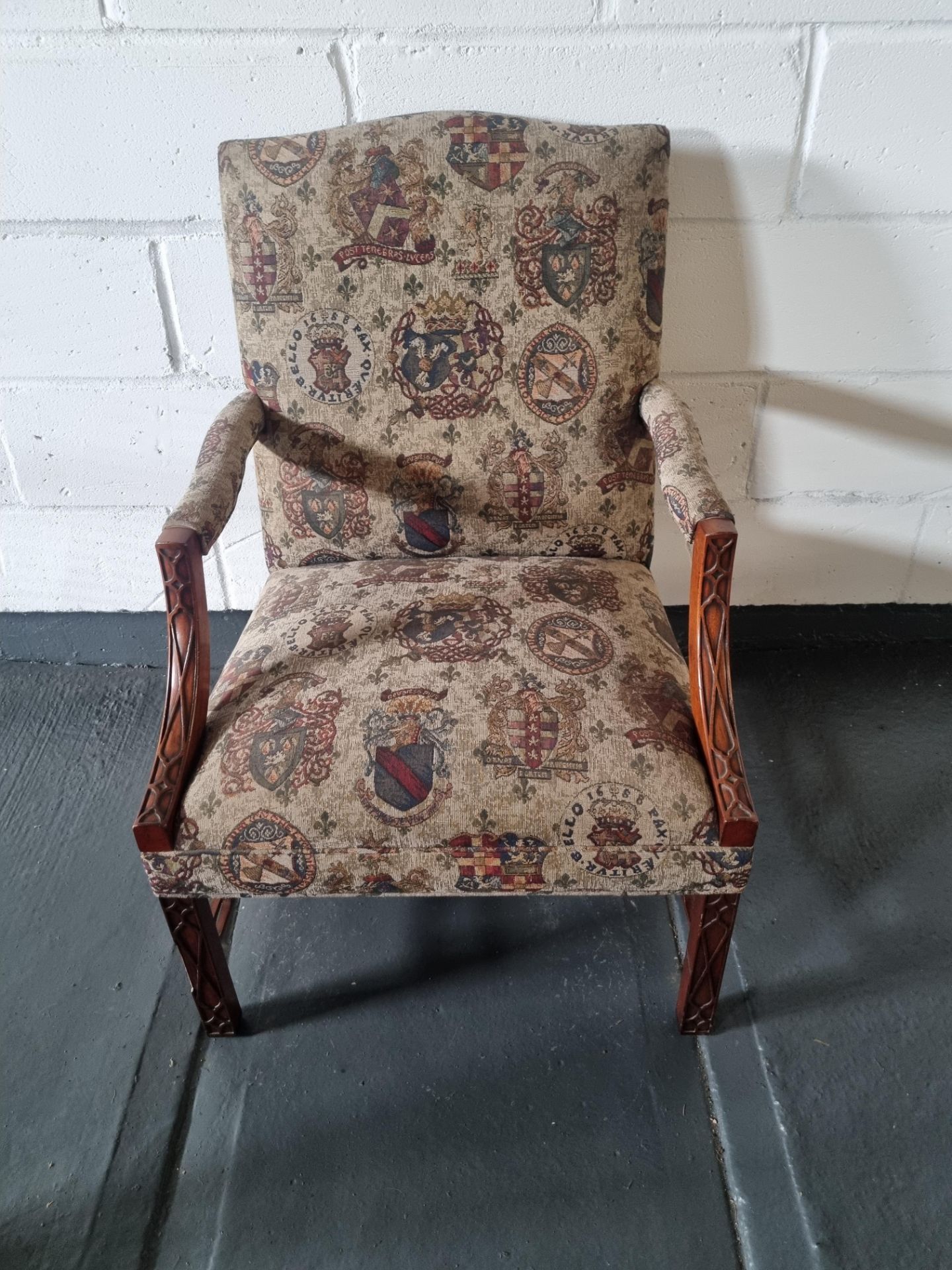 Arthur Brett Mahogany upholstered Arm Chair With Wonderful Carvings On Both Arms & Legs Height 100cm