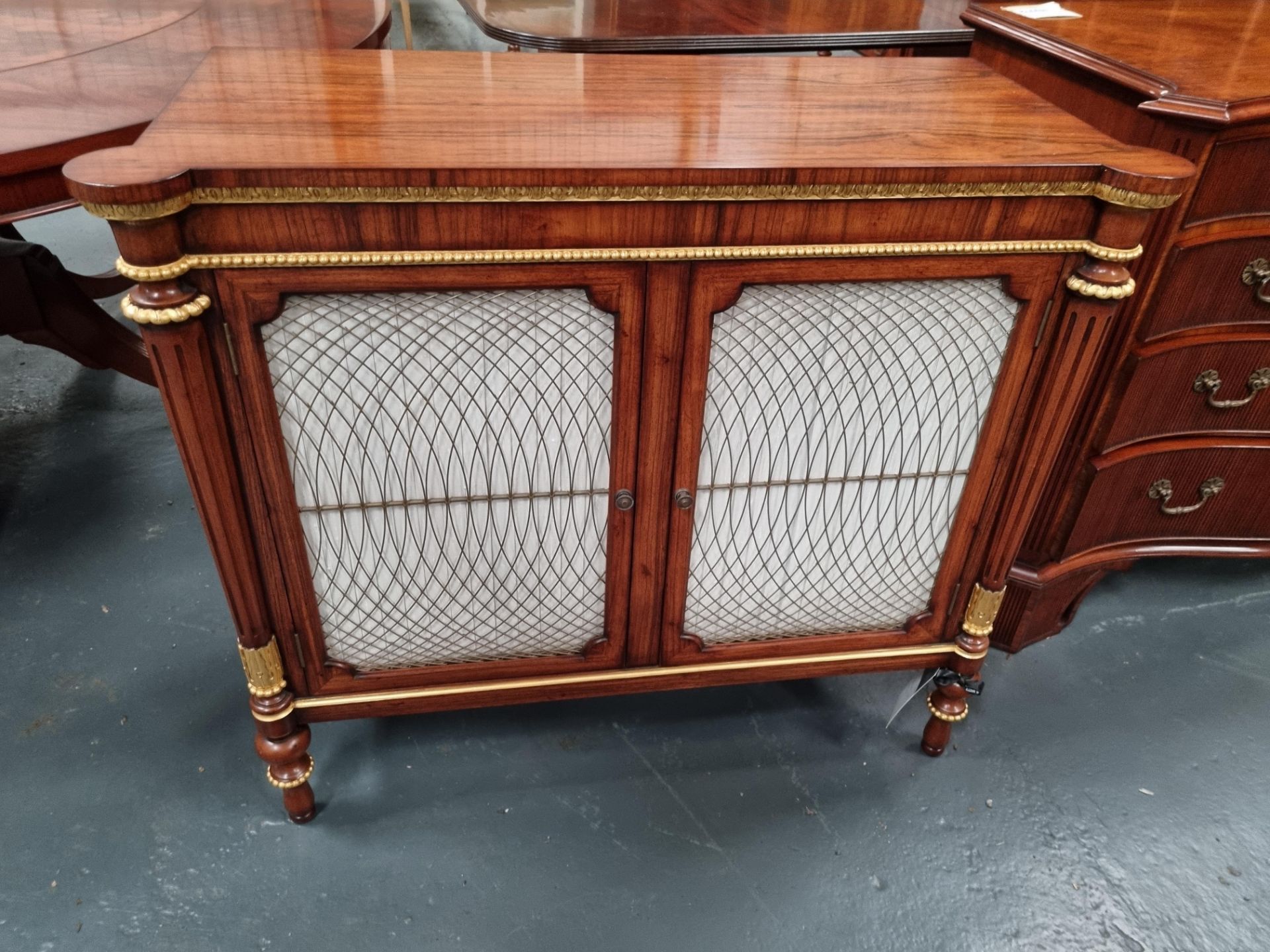 Arthur Brett Regency-style rosewood commode with gothic brass wire griolole doors and gilt - Image 3 of 6