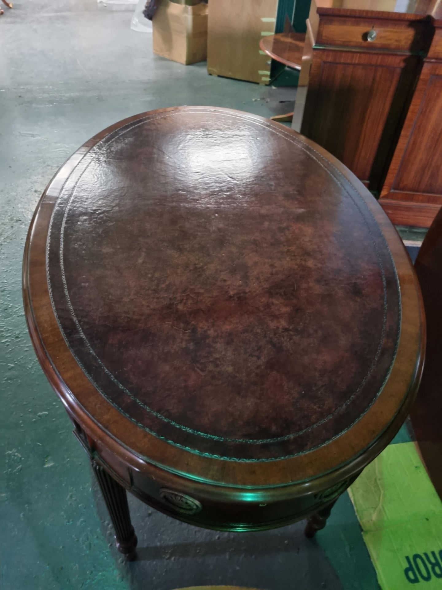 Arthur Brett Regency-style Mahogany Oval Writing Table In Antique Finish Mounted on turned and - Image 5 of 5