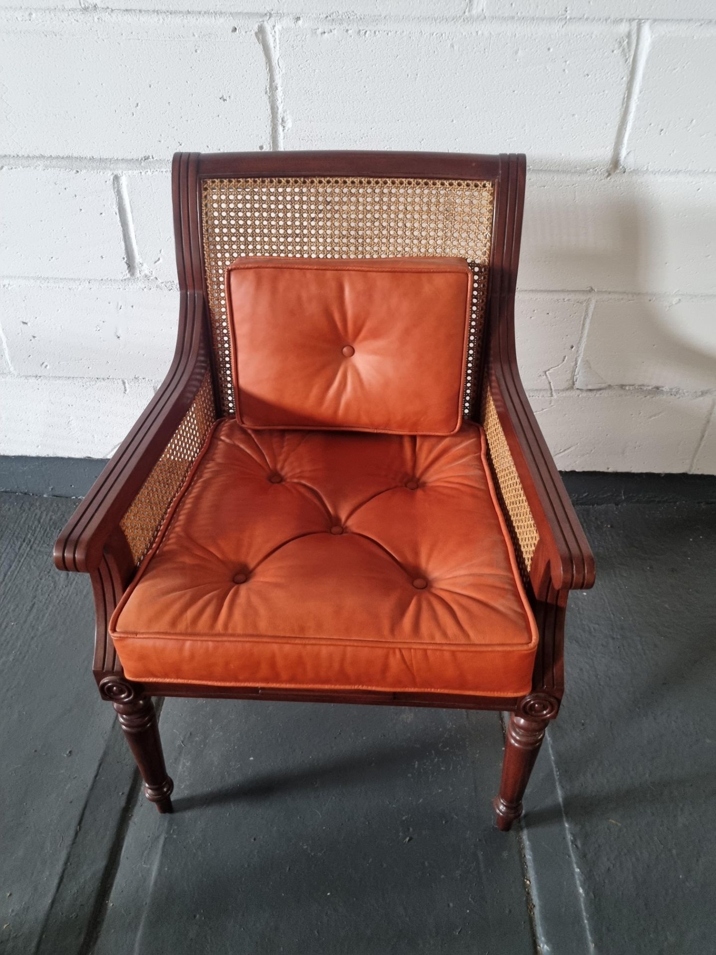 Arthur Brett Mahogany Straight Back Arm Chair with Burnt Orange Leather Seat Cushion & Back Height